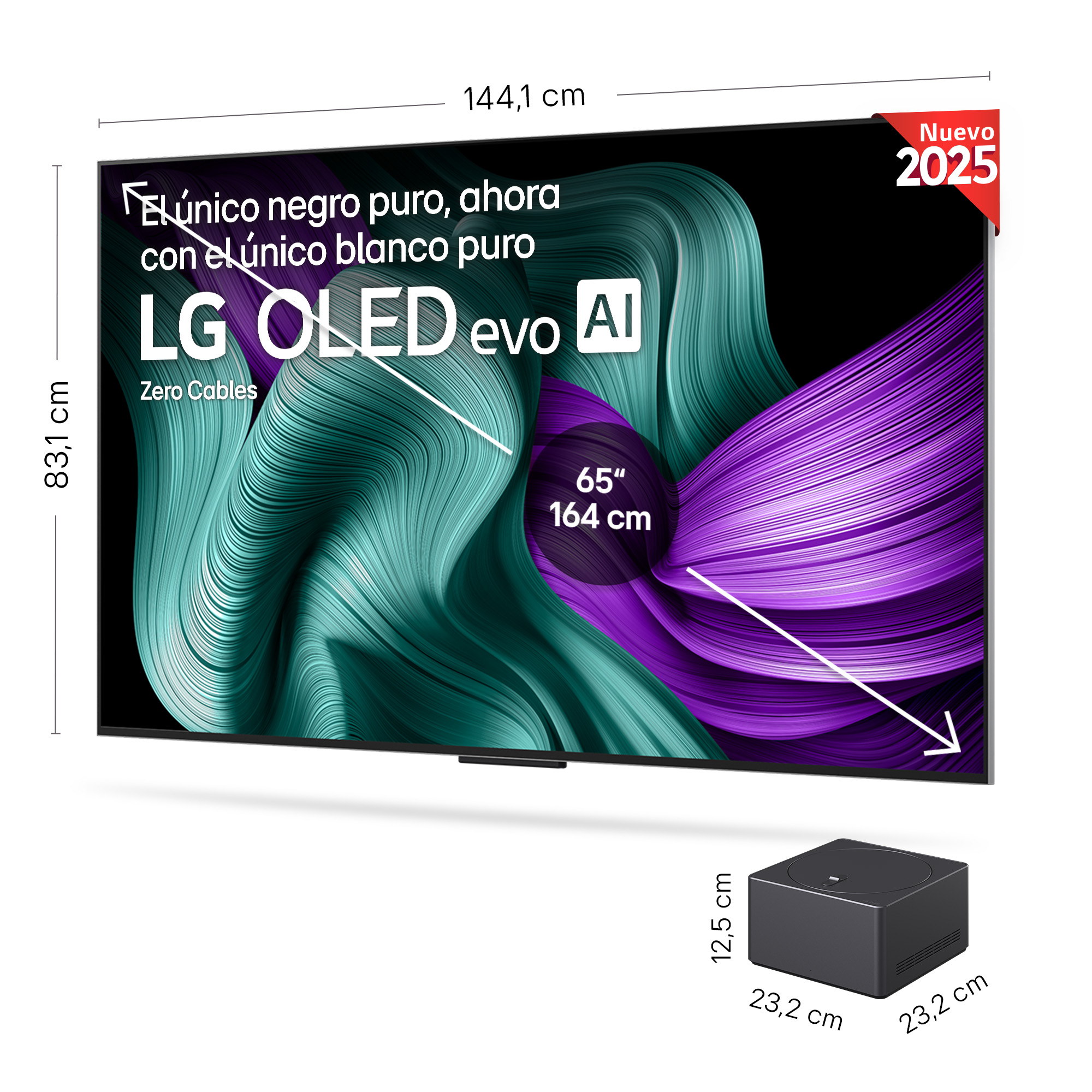 Un gran televisor LG OLED evo AI con marco y soporte negros. Tiene un fondo verde y morado arremolinado.