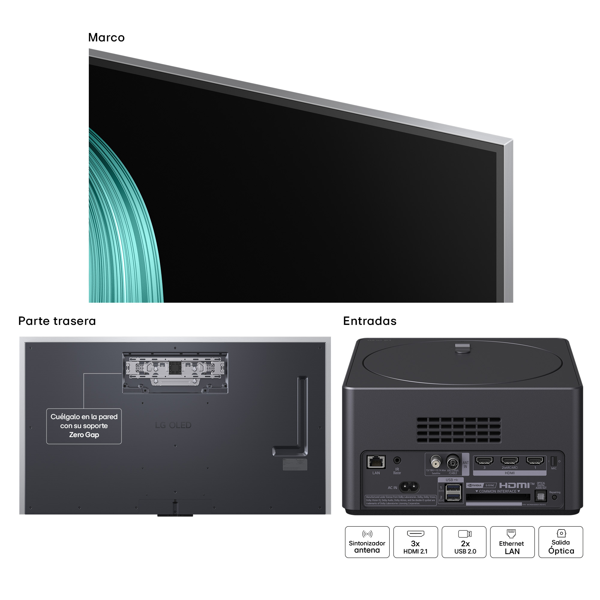 Detalles del TV: esquina frontal, panel trasero con puertos y una caja negra con entradas etiquetadas. Tiene antena, HDMI, USB y puertos de salida óptica.