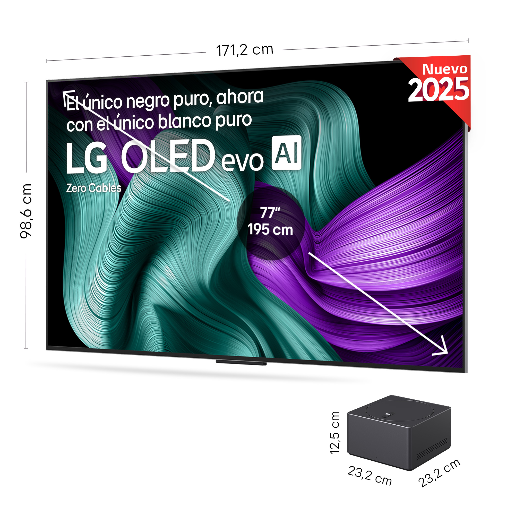 Un televisor LG OLED evo AI de 77 pulgadas con una caja negra. El televisor tiene una pantalla única en blanco y negro puro.