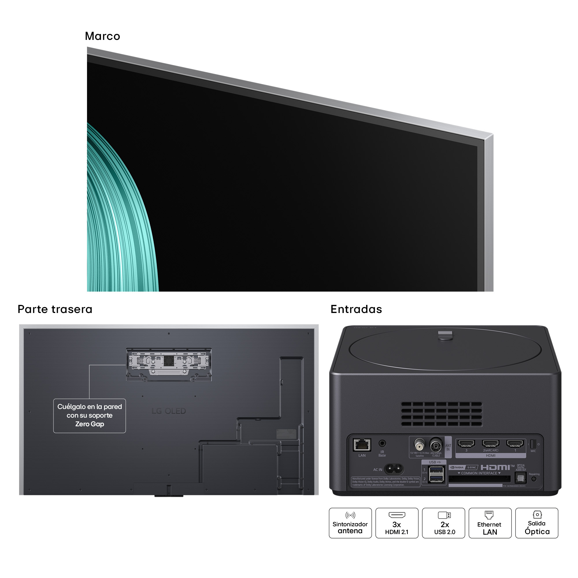 Se muestra un televisor con marco plateado. La parte trasera muestra entradas y la etiqueta 'LG OLED'. Incluye antena, HDMI, USB y LAN.