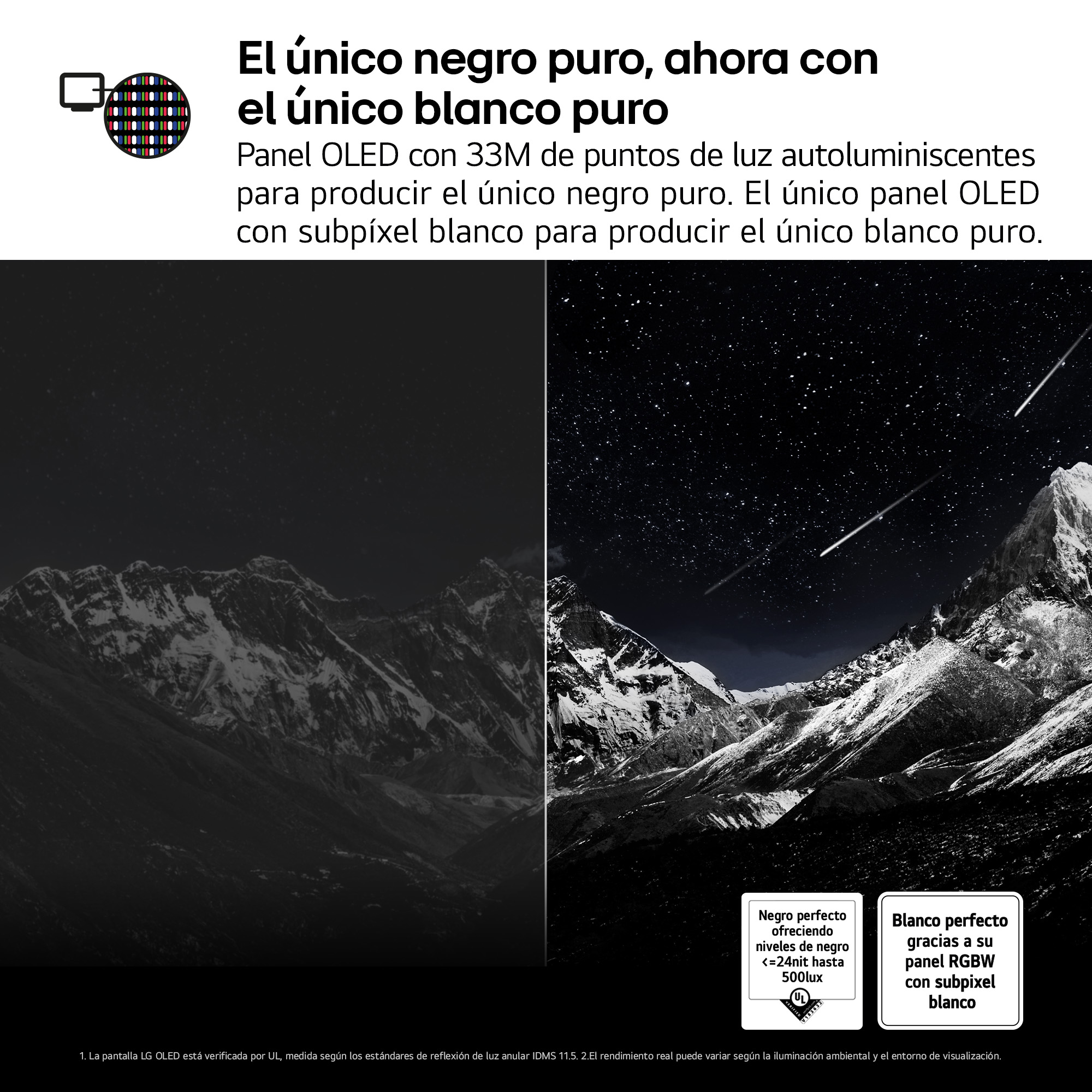 Imagen de montañas bajo estrellas. Texto menciona tecnología OLED con blanco y negro perfectos.