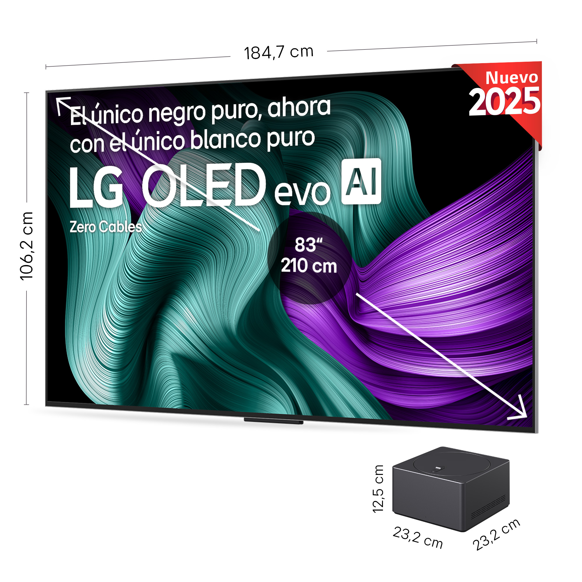TV LG OLED evo. Marco negro. Dimensiones: 184,7 cm x 106,2 cm. Incluye una caja negra, dimensiones: 23,2 cm x 23,2 cm x 12,5 cm.
