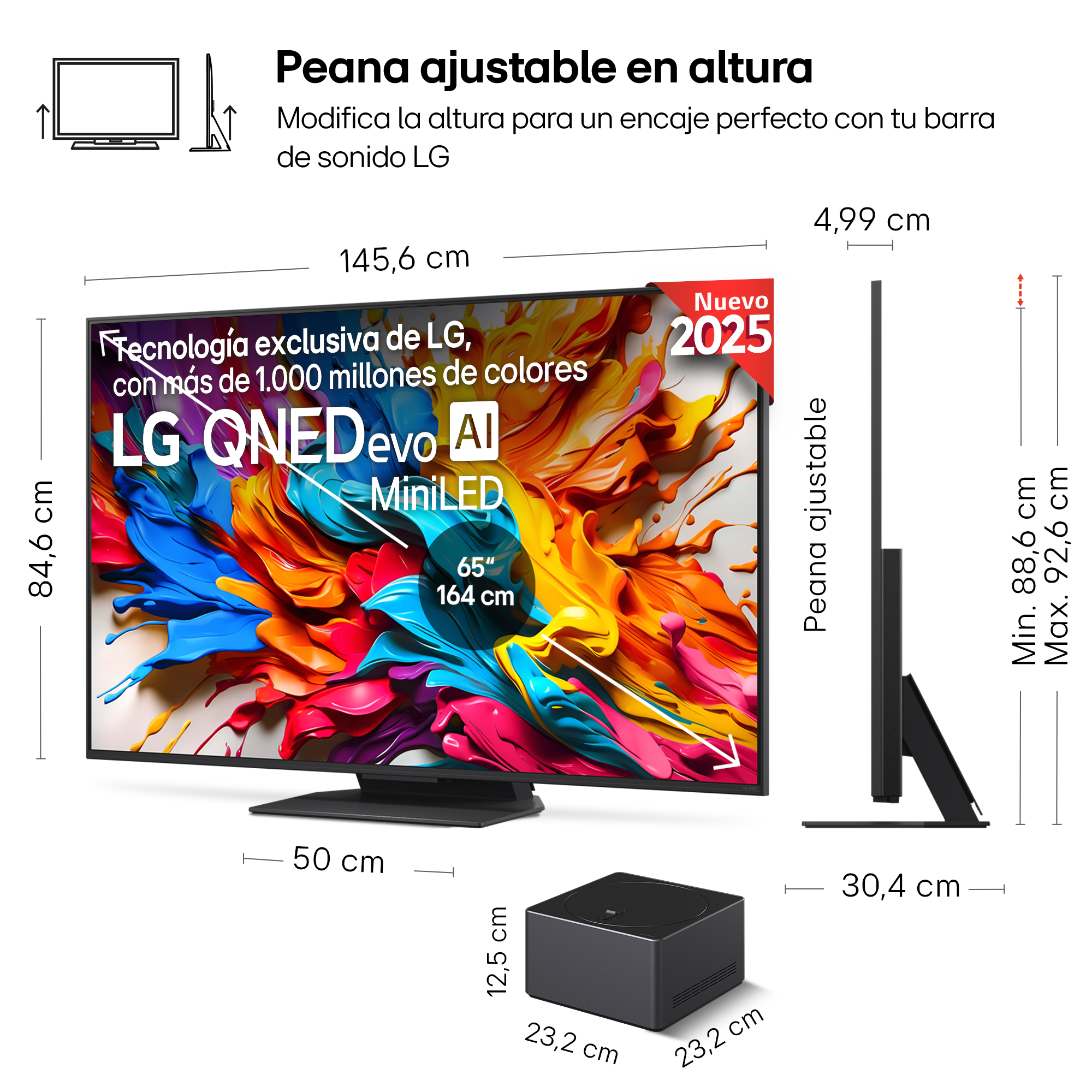 TV LG QNED evo MiniLED con soporte ajustable. Incluye un decodificador negro, se muestran las dimensiones.