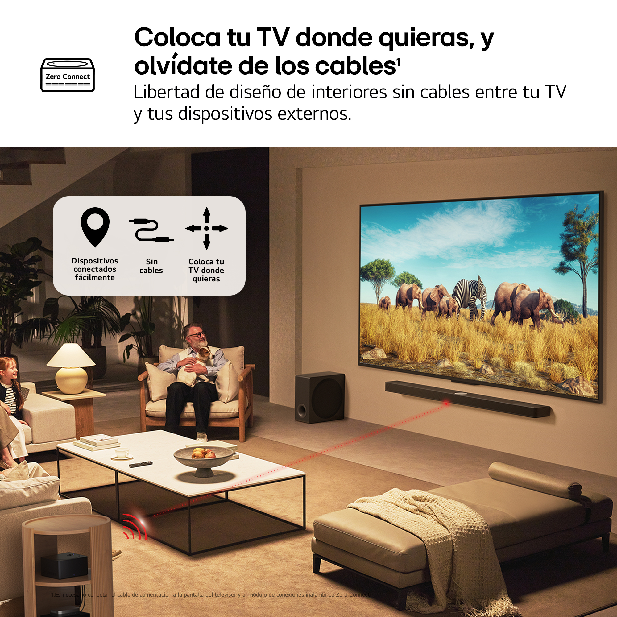Escena de sala de estar con un televisor que muestra elefantes, personas y muebles. El texto dice 'Coloca tu TV donde quieras, y olvídate de los cables'.