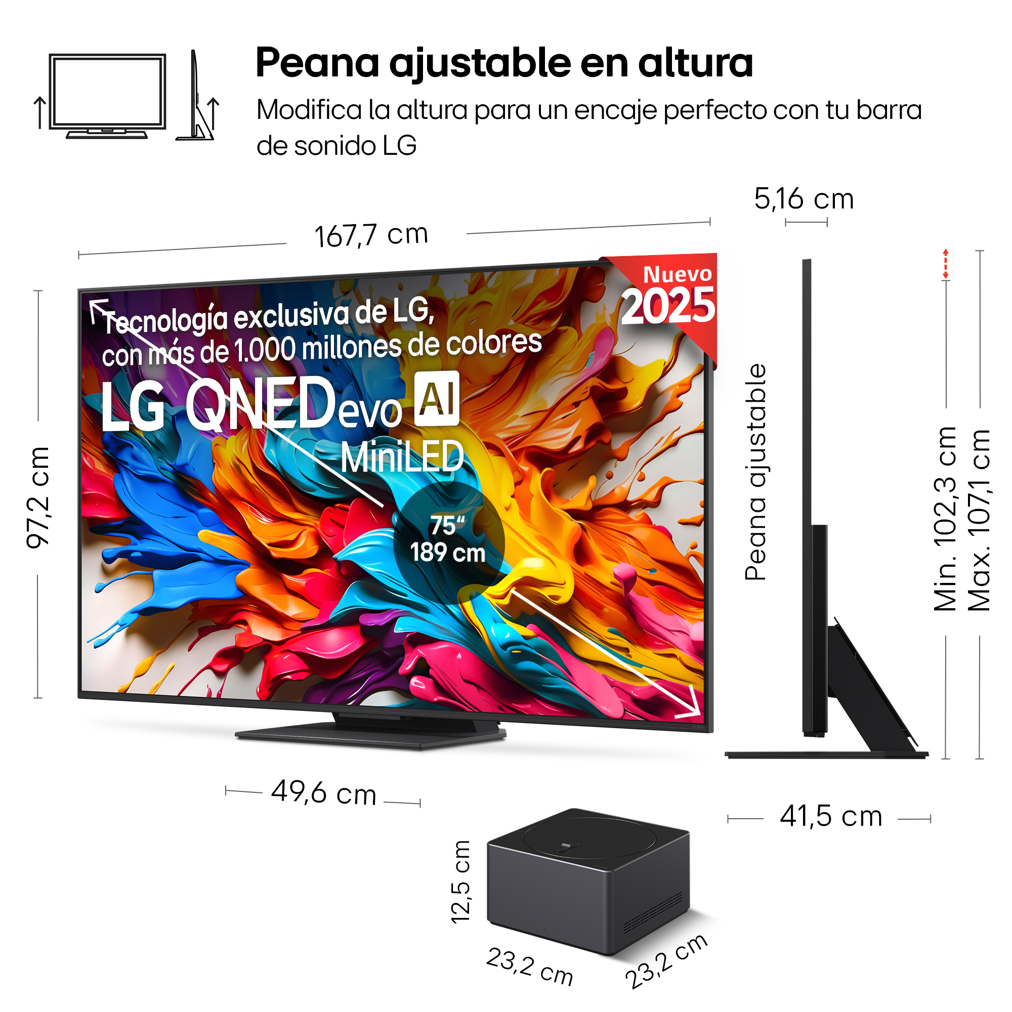 Un televisor LG QNED Evo AI MiniLED, con dimensiones y especificaciones. Incluye una caja negra y un soporte ajustable.