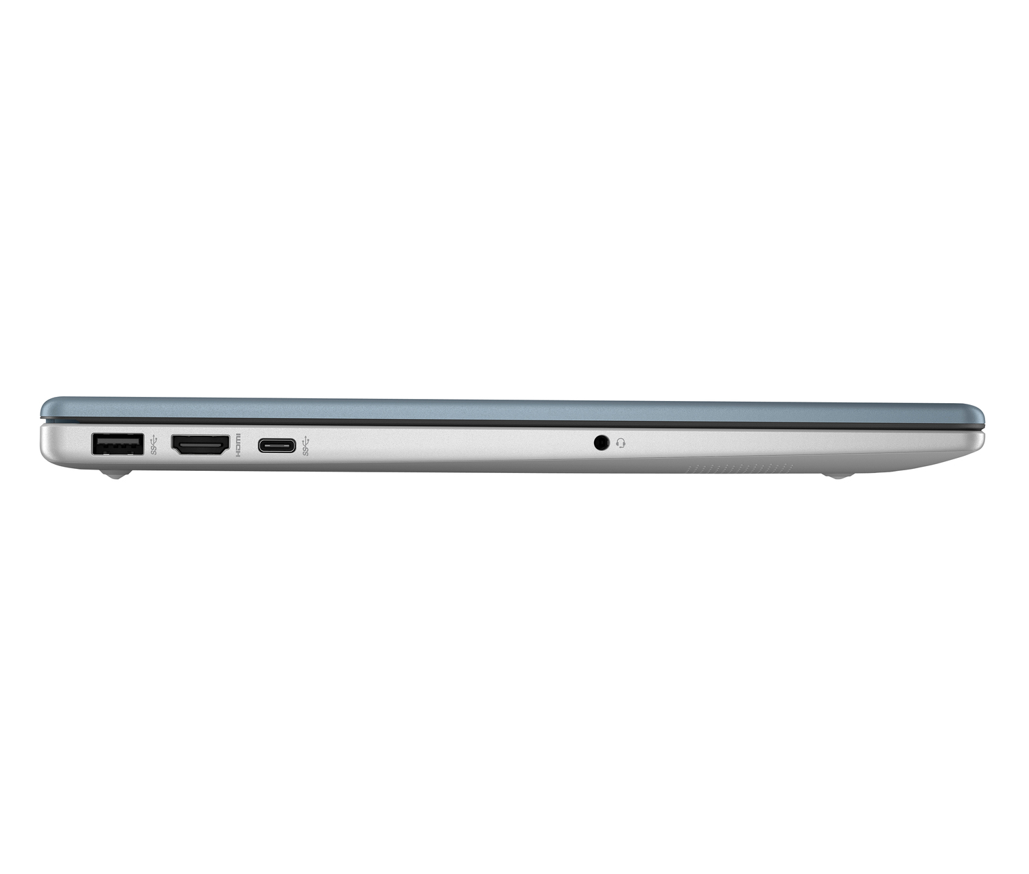 Vista lateral de un portátil. El portátil tiene una tapa azul claro, cuerpo plateado y varios puertos, incluyendo USB, HDMI y conector de audio.