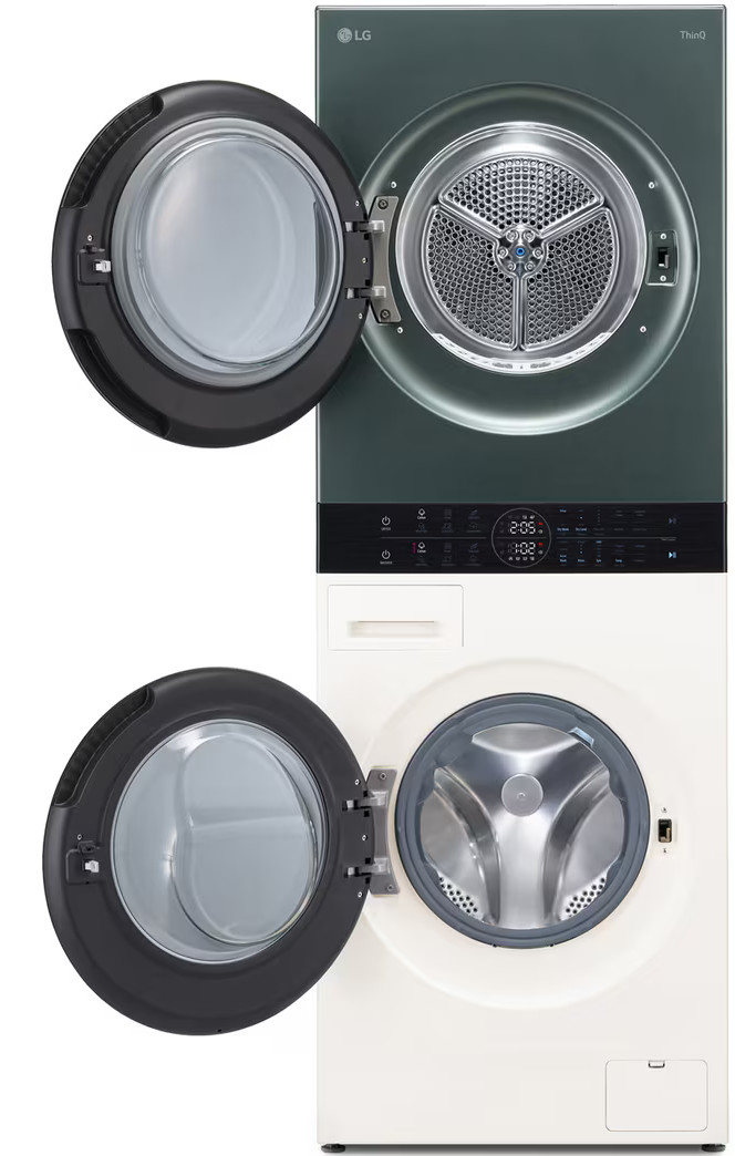 Dwie pralki LG, ustawione jedna na drugiej. Górna jest ciemnozielona, drzwi otwarte. Dolna jest biała, drzwi otwarte. Obie pokazują bębny wewnętrzne.