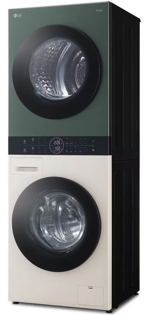 Ułożona w stos pralka i suszarka LG. Góra jest zielona, dół kremowy. Oba mają czarne drzwi. Panel wyświetlacza cyfrowego pośrodku.