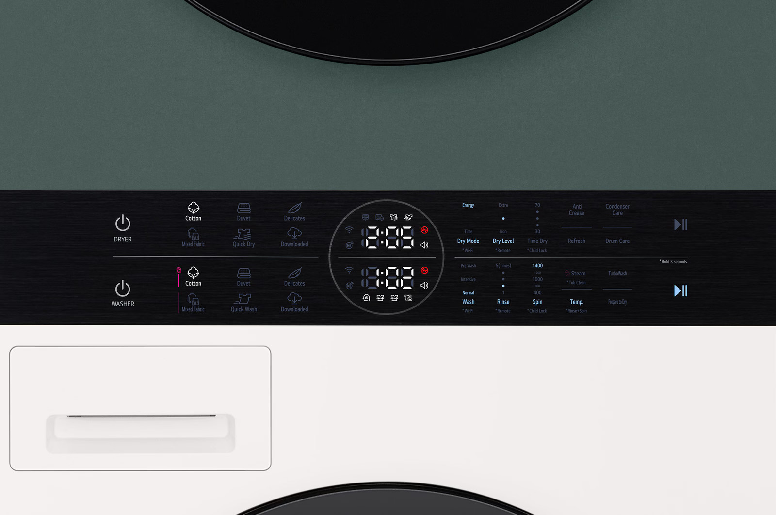 Panel sterowania pralki. Zawiera ustawienia suszarki i pralki, wyświetlacz cyfrowy i różne opcje prania.