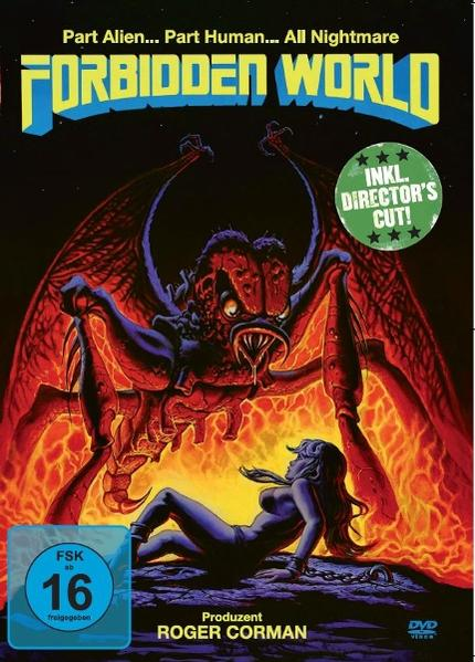 Filmposter für Forbidden World. Zeigt ein Monster über einer Frau. Text enthält "Director's Cut" und "Roger Corman."