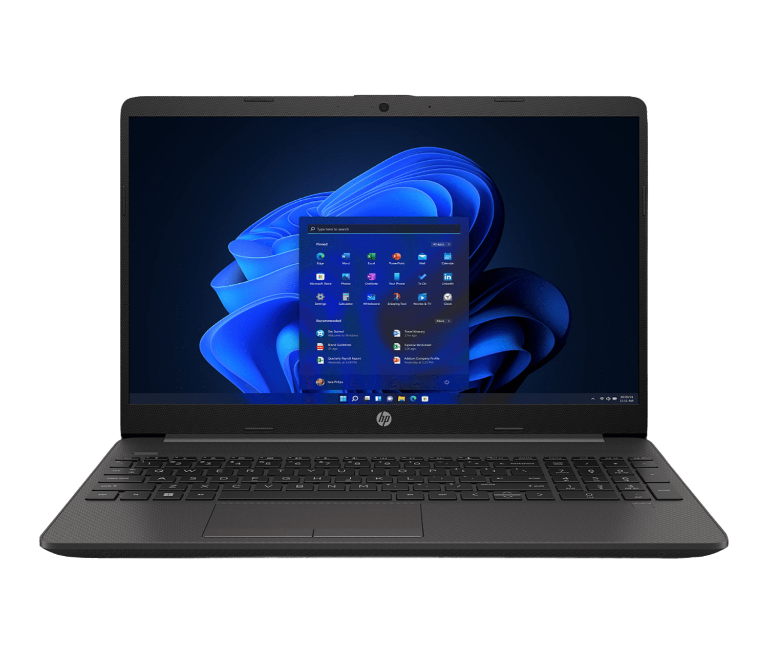 Un portátil HP negro que muestra la pantalla de inicio de Windows 11 con un fondo azul e iconos de aplicaciones. Se ve el teclado.