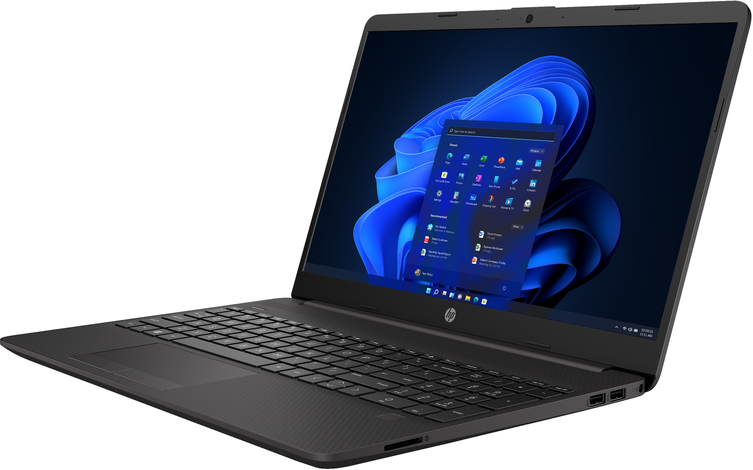 Portátil HP negro, abierto. La pantalla muestra una interfaz de Windows 11. Teclado y panel táctil visibles. El fondo es blanco.