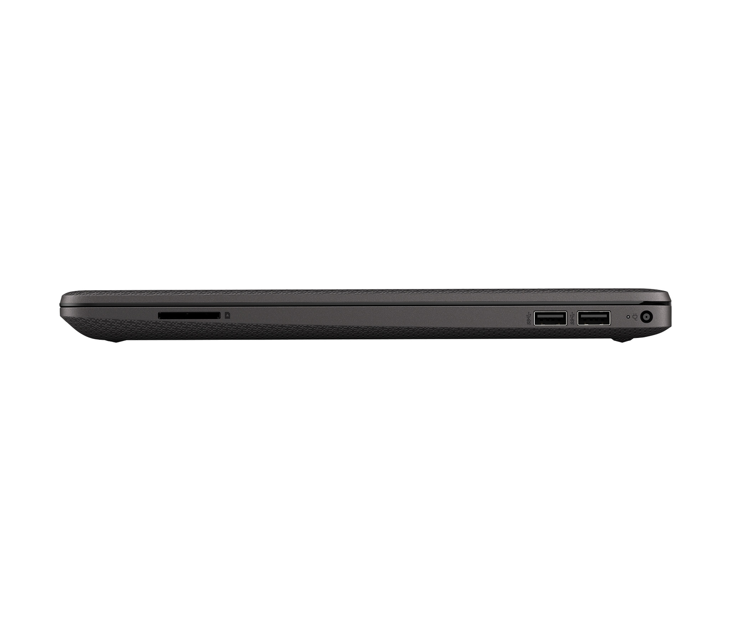 Vista lateral de un portátil gris oscuro. Se ven puertos USB, una entrada de alimentación y una ranura para tarjetas SD sobre fondo blanco.