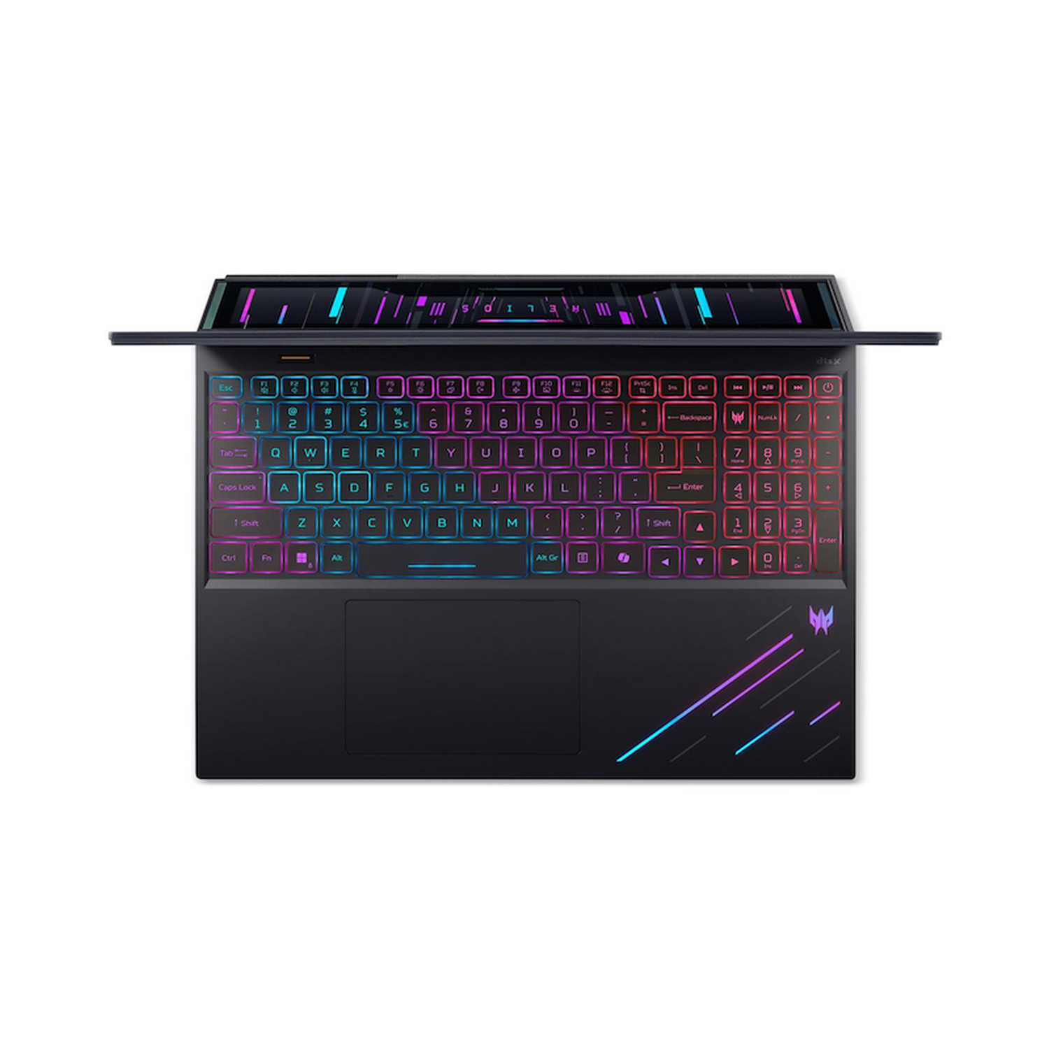 Un portátil negro con un teclado colorido. La pantalla está abierta. El teclado tiene luces moradas y azules. El logotipo de Predator es visible.