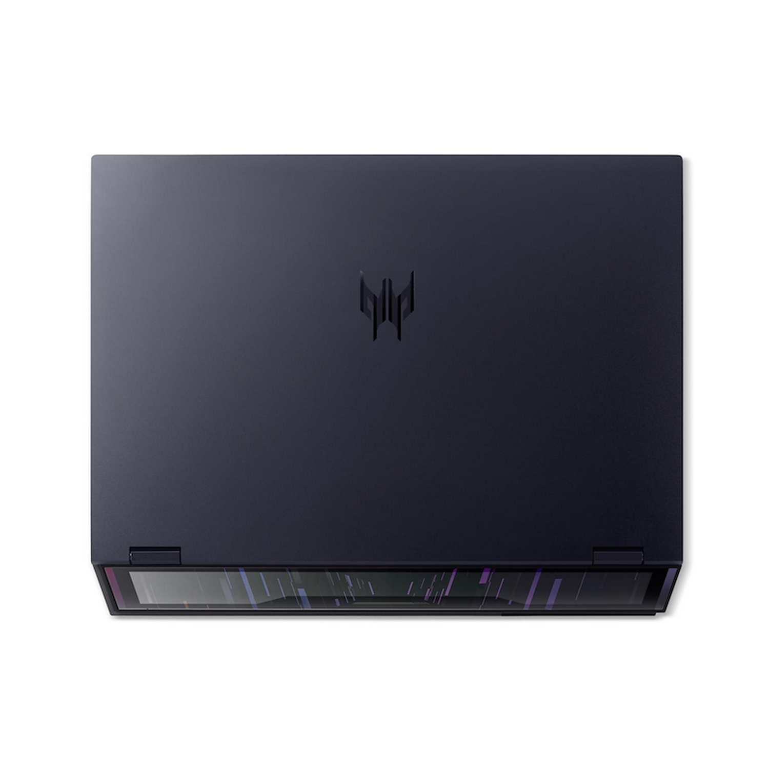 Vista superior de una laptop azul oscuro. El logotipo de Predator está en la tapa. La parte inferior tiene un diseño reflectante y estampado.