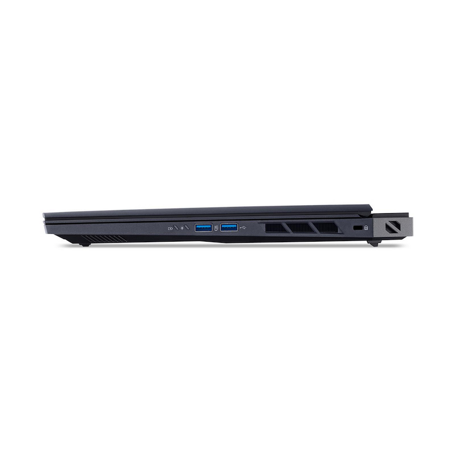 Vista lateral de un portátil negro. Los puertos visibles incluyen USB, alimentación y una ranura de bloqueo de seguridad. También hay rejillas de ventilación.