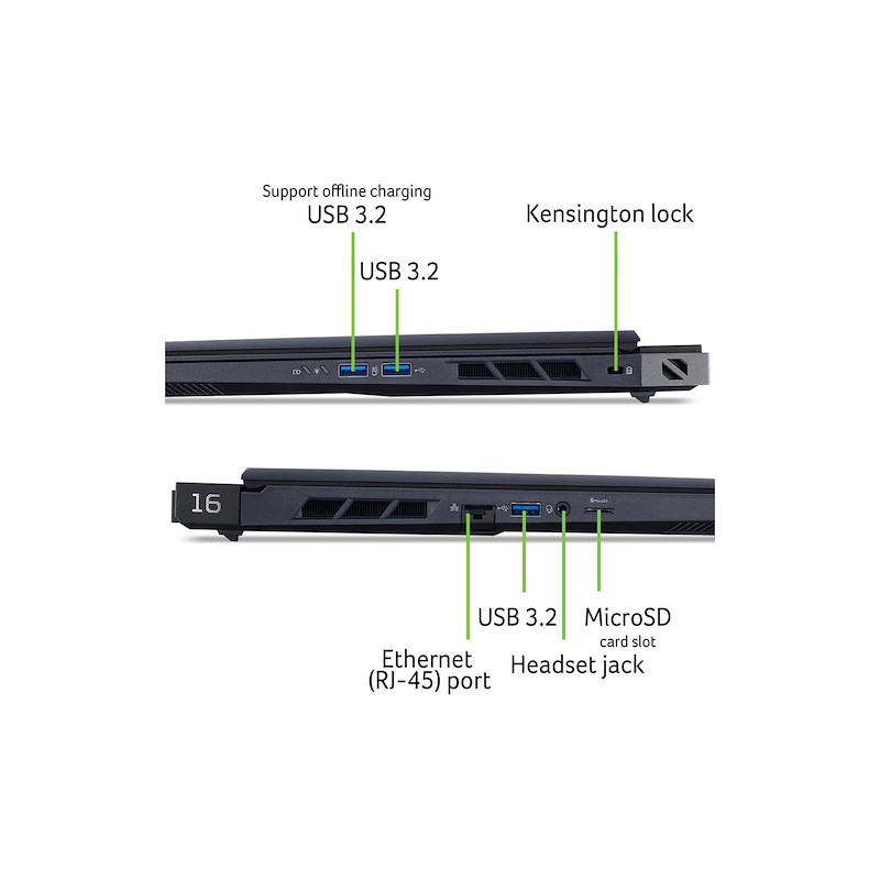 Vista lateral del portátil muestra USB 3.2, Ethernet, conector de auriculares y ranura para tarjetas MicroSD. Arriba, más USB 3.2 y bloqueo Kensington.