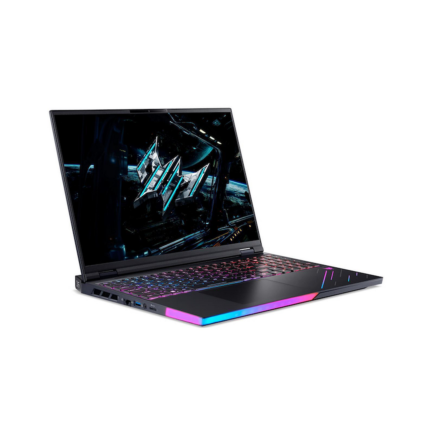 Portátil negro con pantalla abierta. El teclado tiene luces de colores. La pantalla muestra un diseño futurista. El portátil está sobre un fondo blanco.