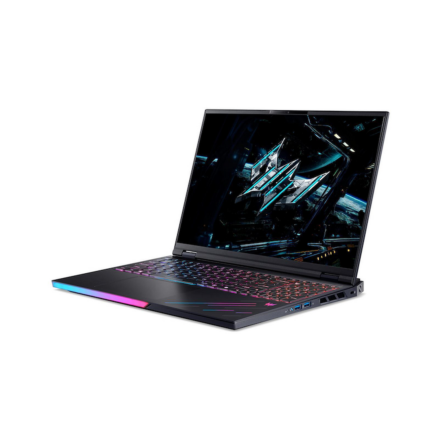 Ordenador portátil negro con pantalla abierta, que muestra gráficos azules y blancos. El teclado tiene luces de colores.