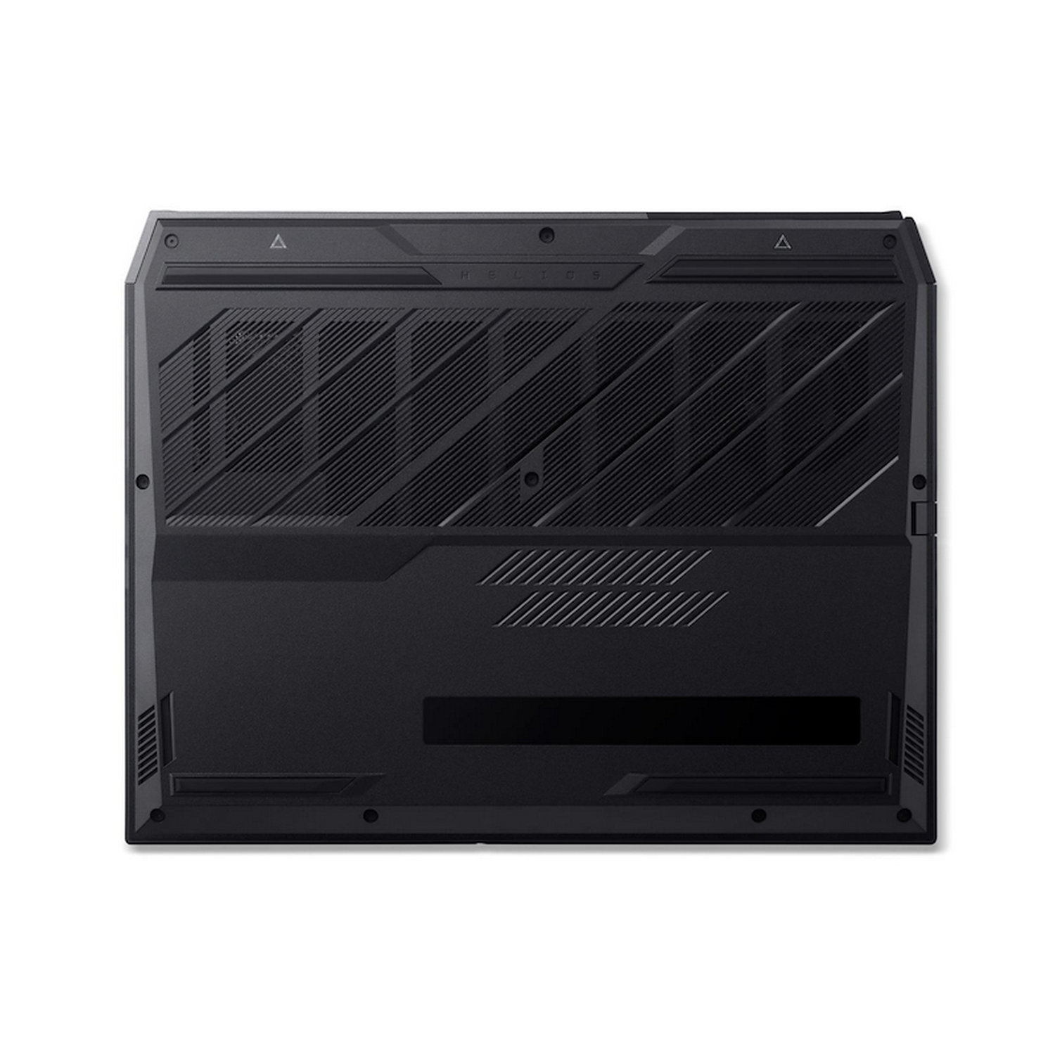 La parte inferior de una computadora portátil negra. Tiene ventilaciones, líneas anguladas y la palabra HELIOS. Se ve un triángulo y un círculo.