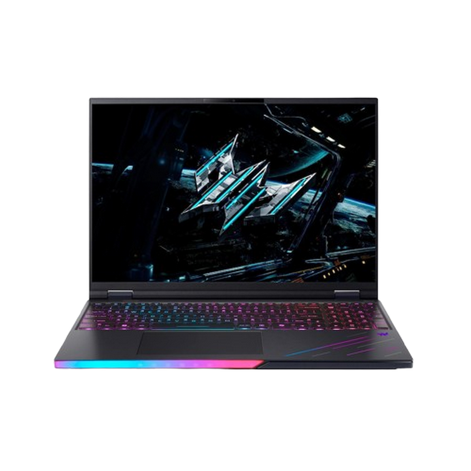 Una computadora portátil negra con teclado colorido está abierta. La pantalla muestra un gráfico futurista. La portátil tiene iluminación RGB.