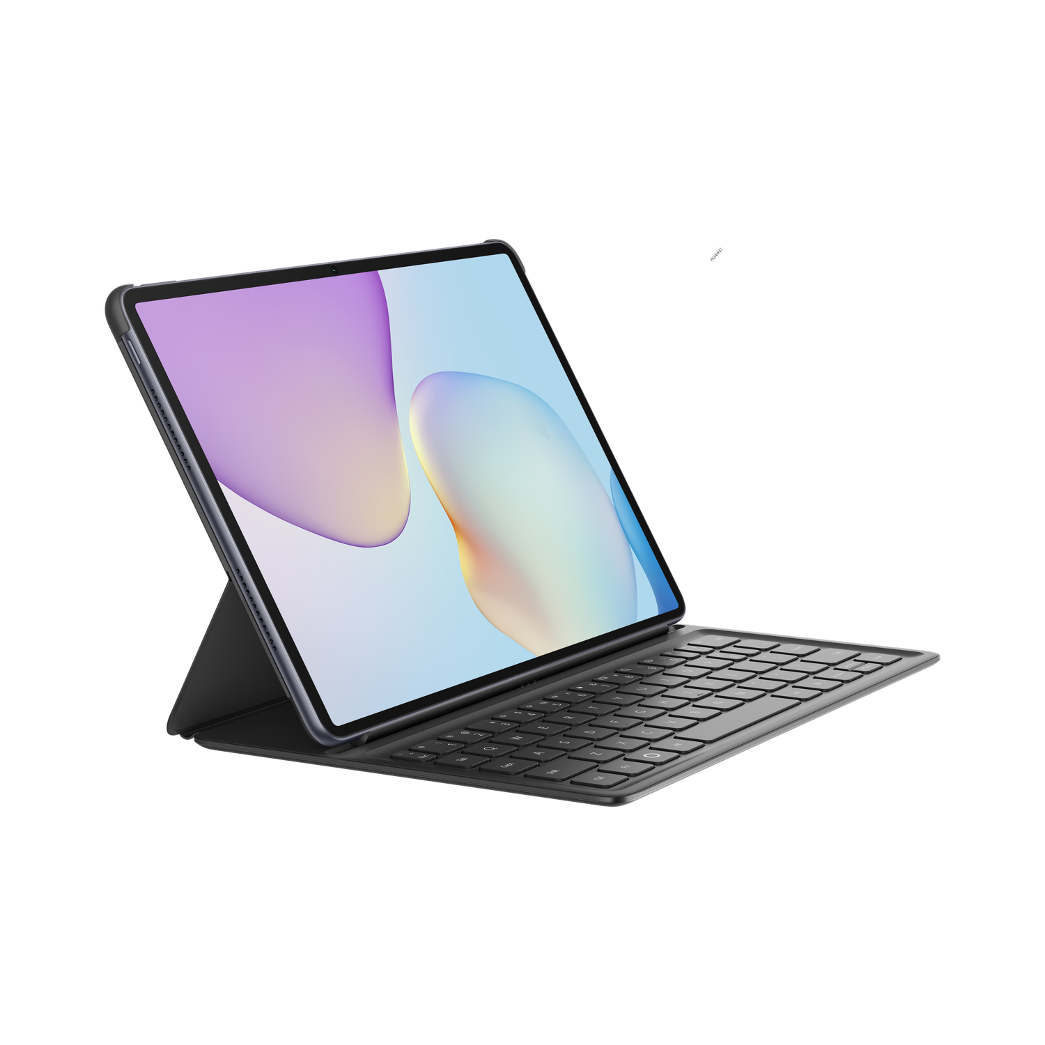 Una tableta con teclado sobre un fondo gris. La pantalla de la tableta muestra un fondo abstracto colorido.