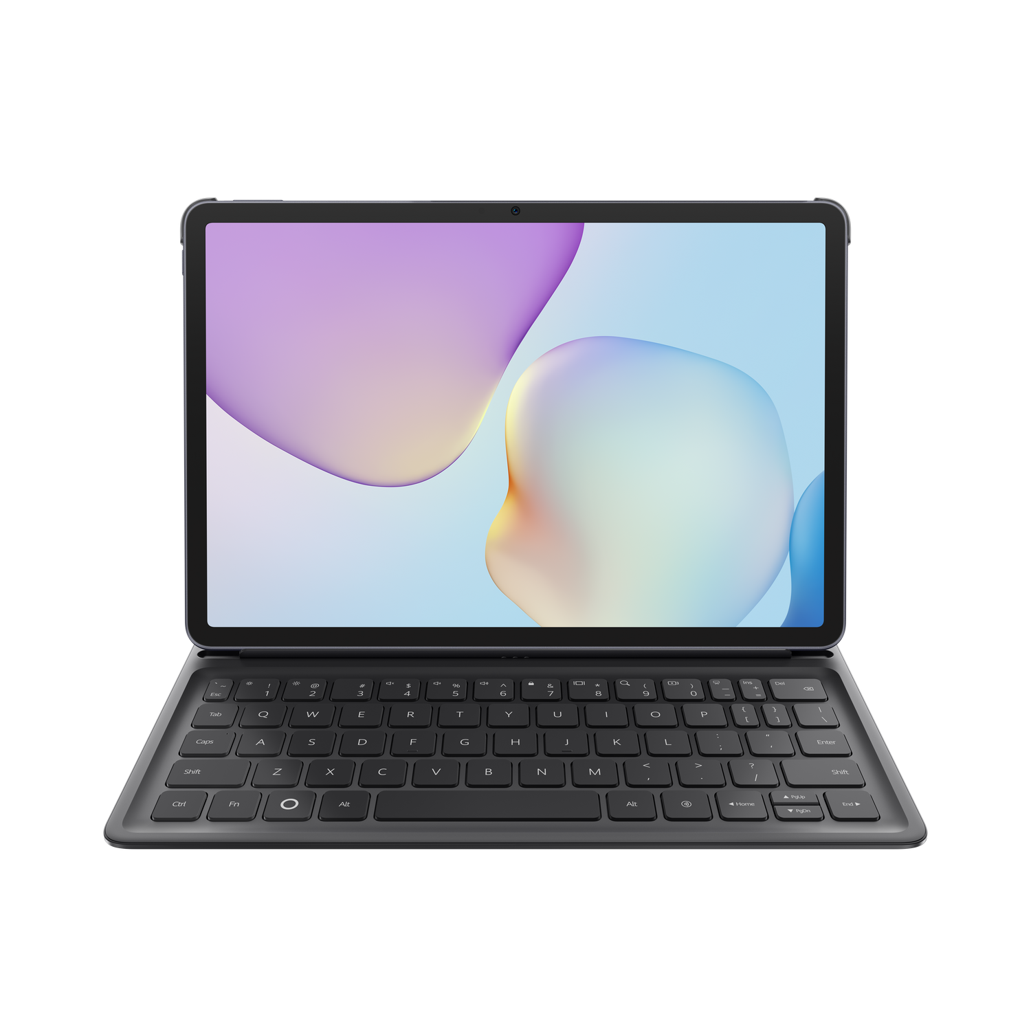 Una tableta con teclado conectado. La pantalla muestra un diseño abstracto y colorido. El teclado es negro y el fondo gris.
