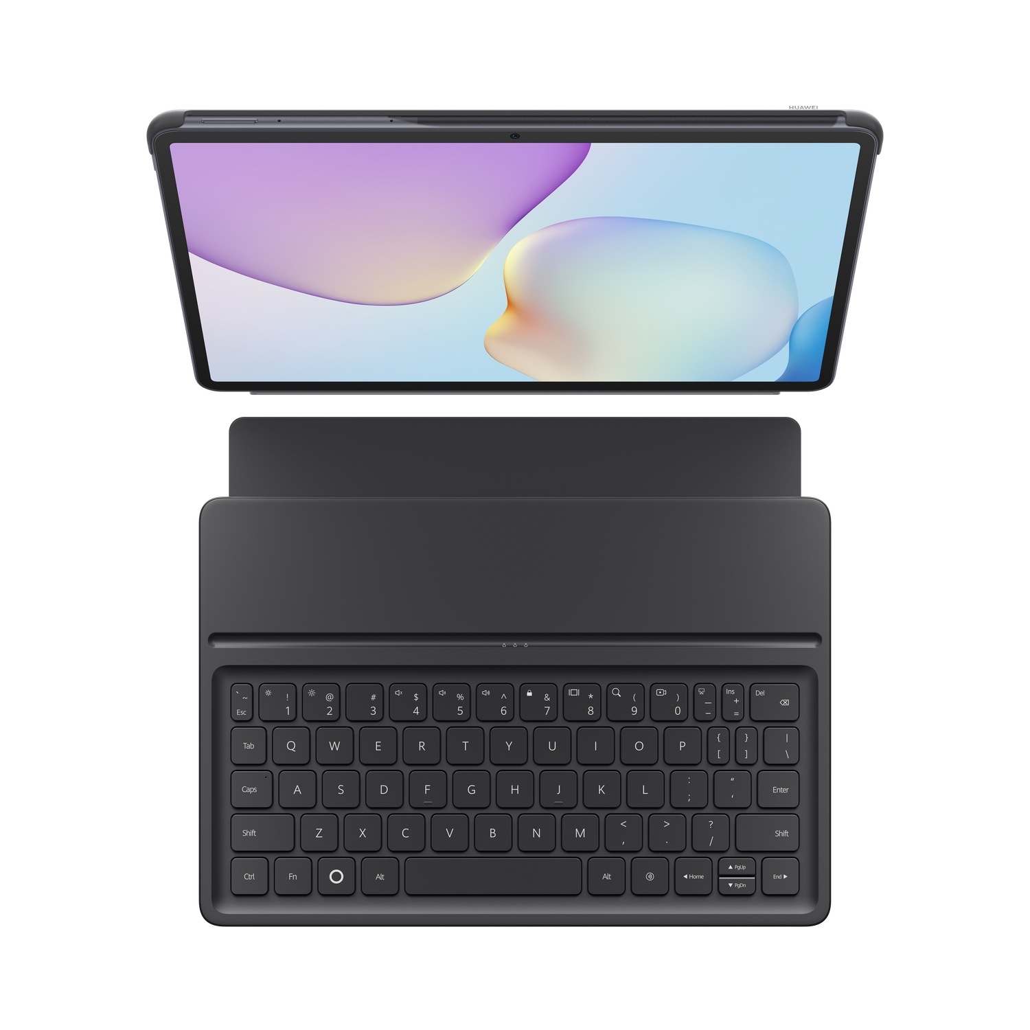 Tableta con funda de teclado. La tableta muestra una imagen abstracta colorida. El teclado es negro, con letras blancas. El fondo es gris.