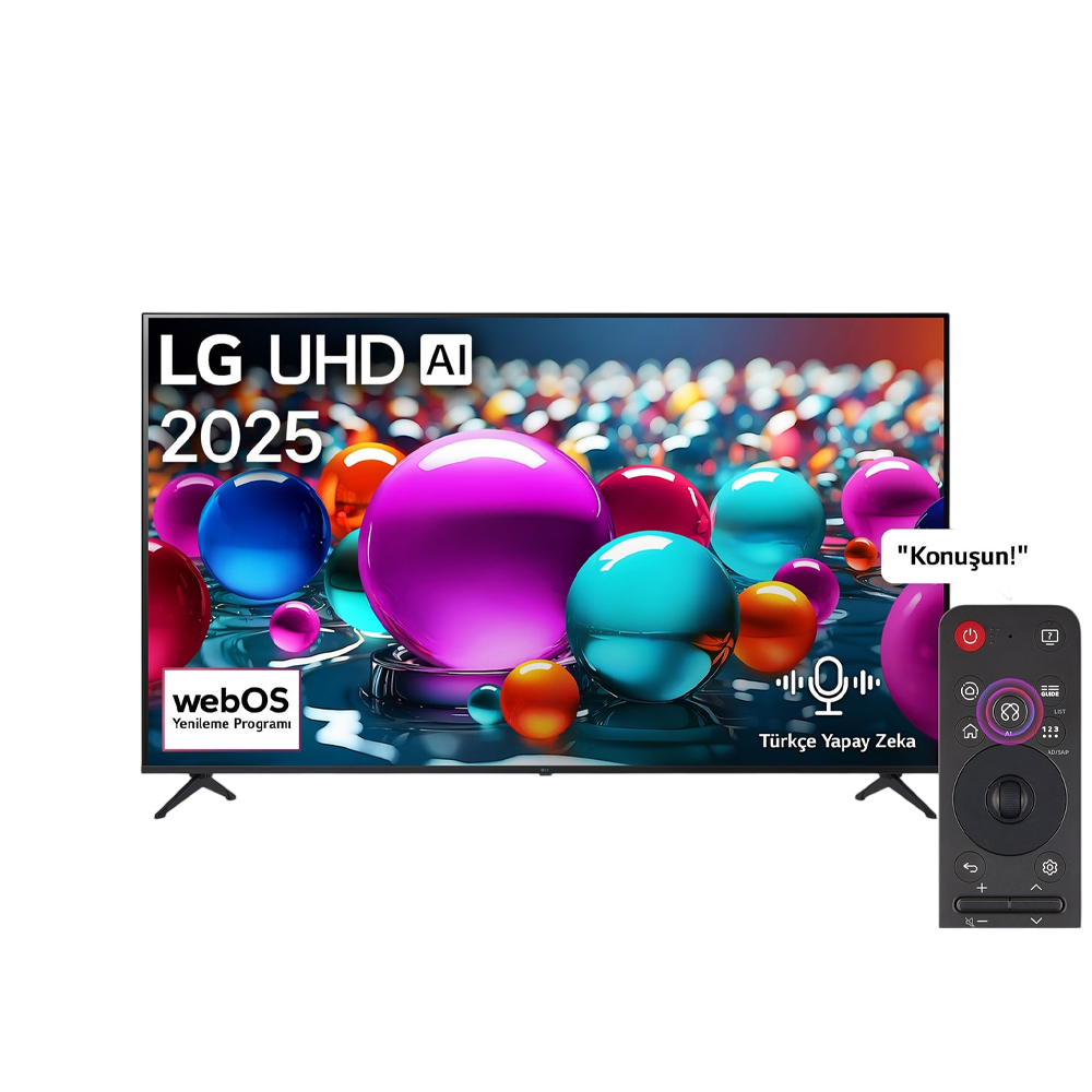 Renkli küre arka planlı LG UHD AI 2025 TV, sesli komut özellikli uzaktan kumanda ve Türkçe yapay zeka metni.