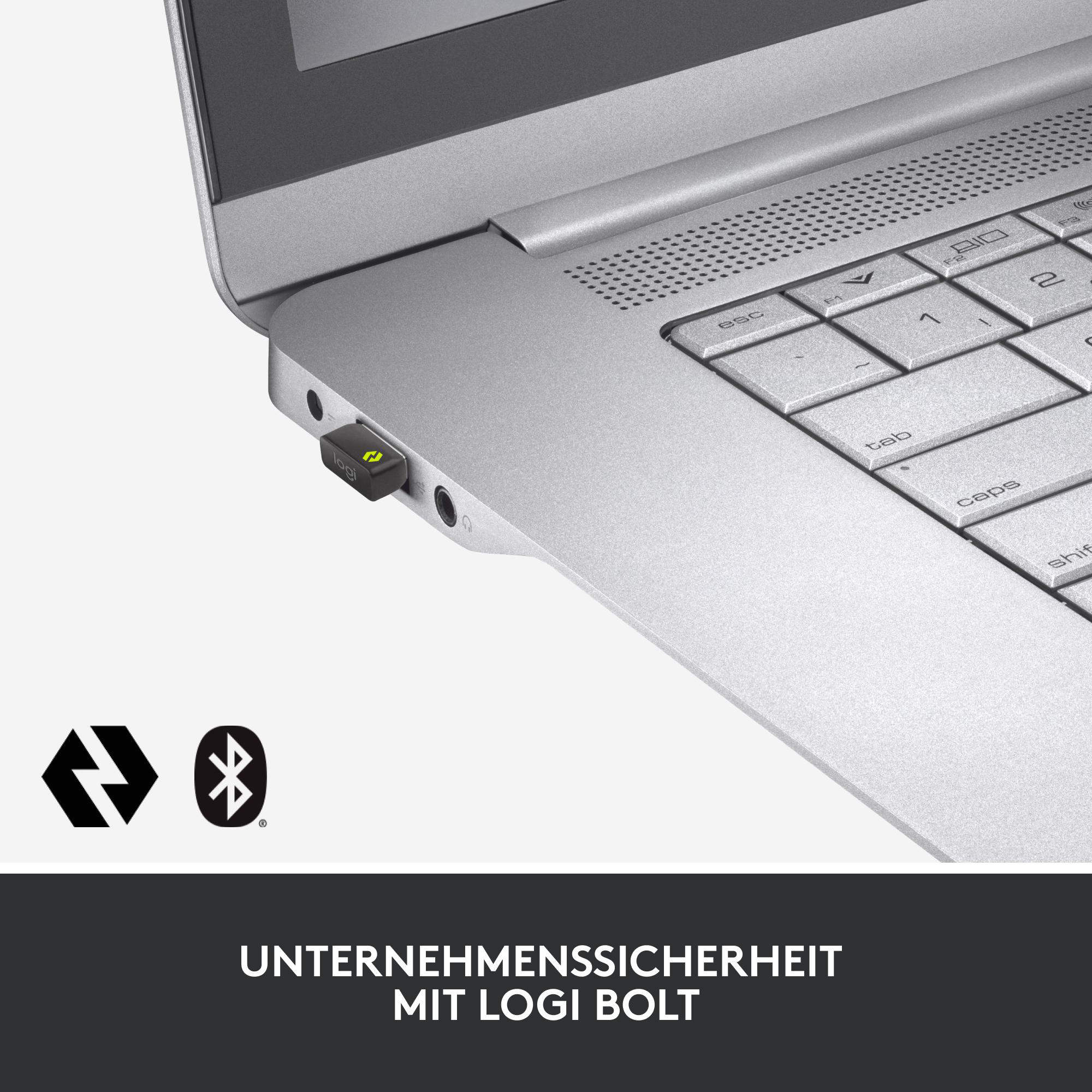 Ein Laptop mit eingestecktem Logitech Bolt-Empfänger. Die Tastatur ist sichtbar. Der Text 'UNTERNEHMENSSICHERHEIT MIT LOGI BOLT' steht unten.