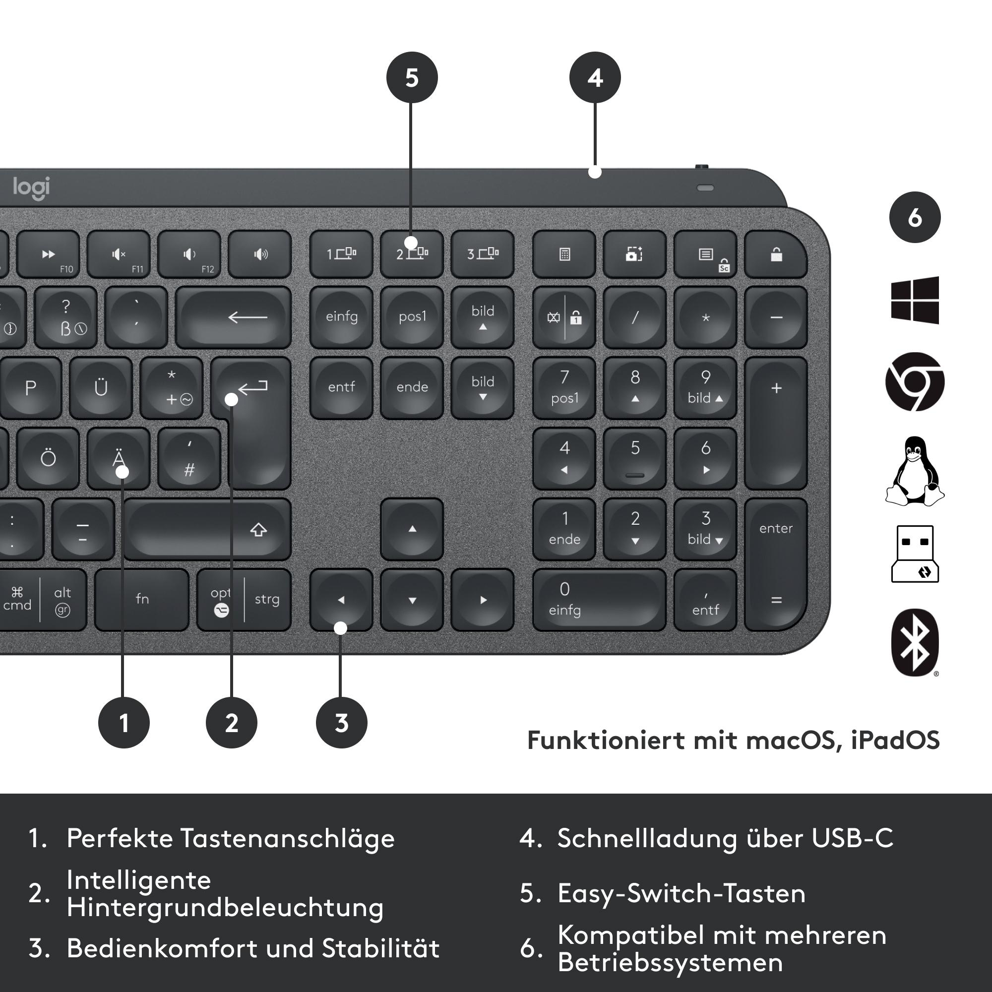 Dunkelgraue Tastatur mit schwarzen Tasten. Markenlogo sichtbar. Funktionen umfassen Funktionstasten und Systemkompatibilitätssymbole.