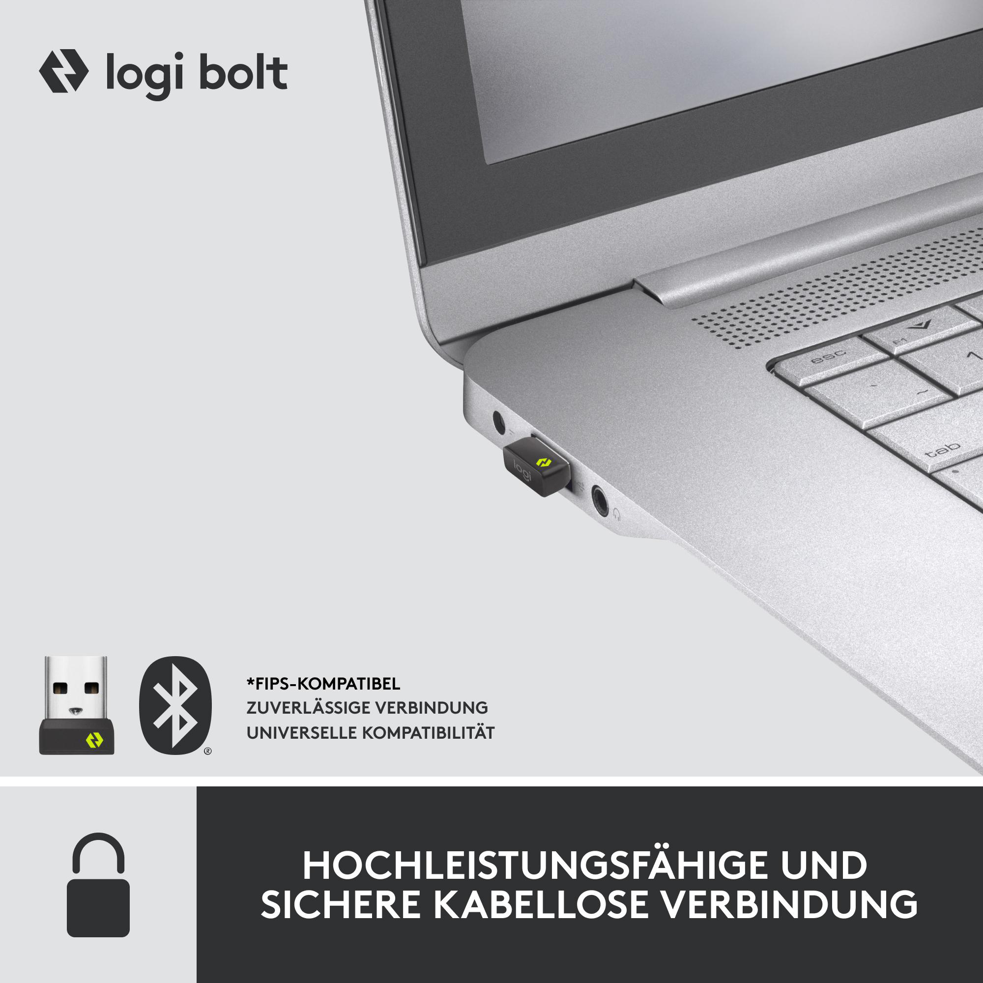 Ein Laptop mit eingestecktem USB-Empfänger. Das Bild zeigt das Logi Bolt-Logo und Text über sichere drahtlose Verbindungen.