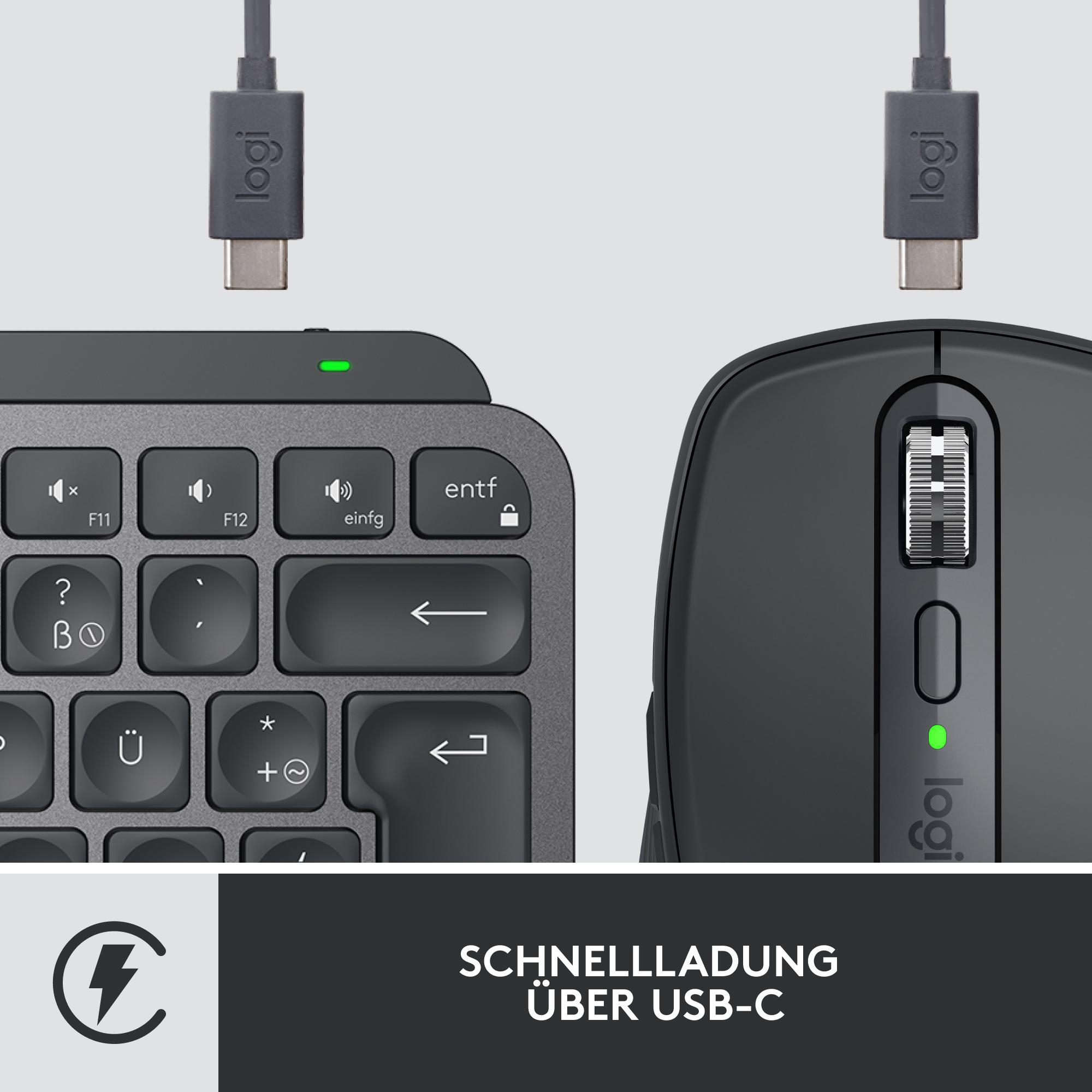 Nahaufnahme einer Tastatur und Maus mit Ladekabeln. Die Tasten sind sichtbar und die Maus hat ein Scrollrad.