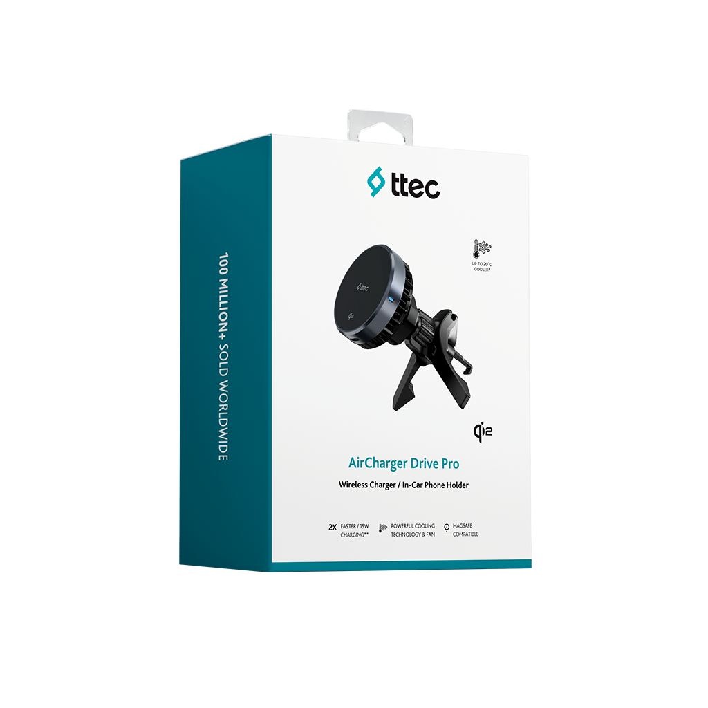 Araba telefon tutuculu ürün kutusu. Ttec logosu, AirCharger Drive Pro metni ve hızlı şarj gibi özellikler içerir.