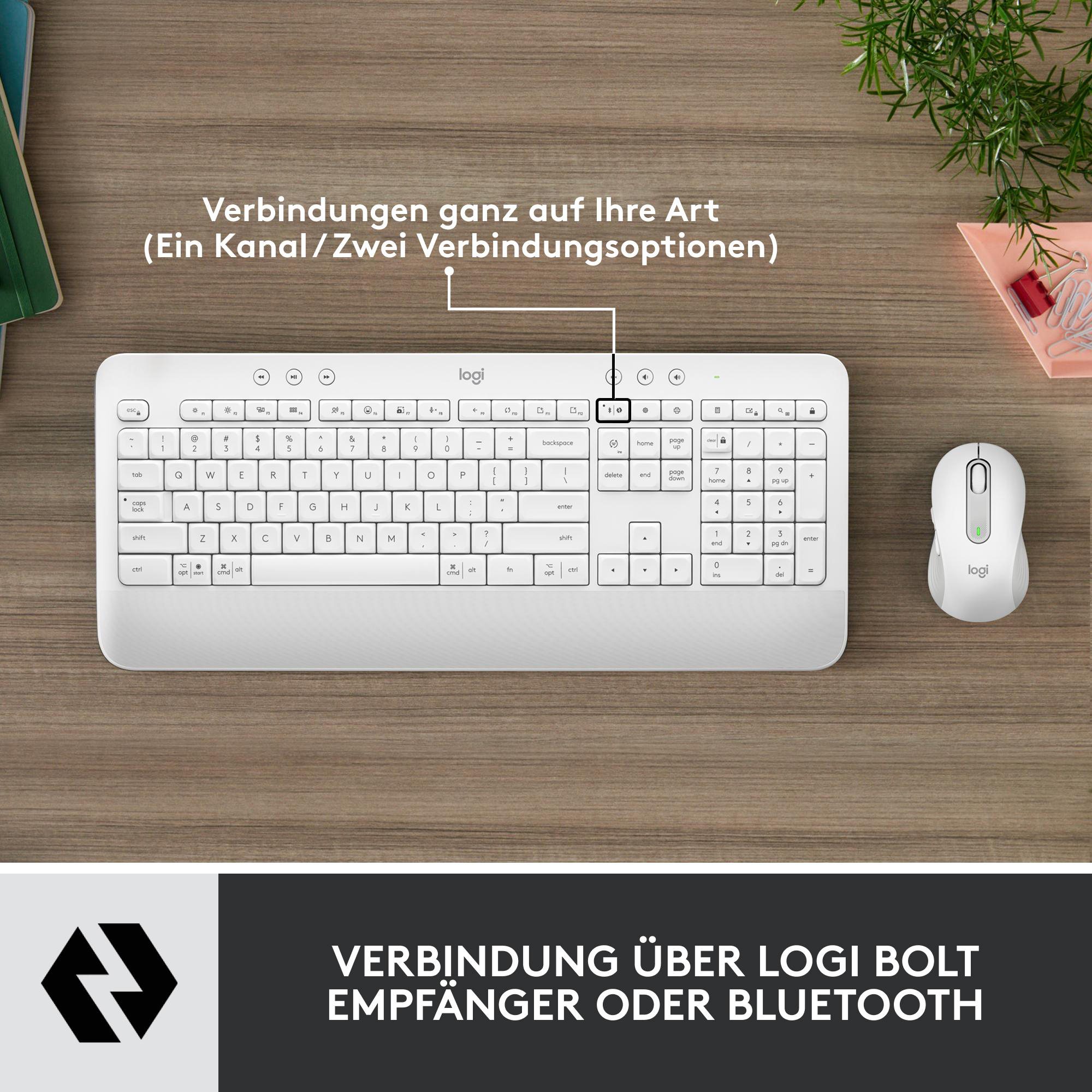 Weiße Tastatur und Maus auf Holzoberfläche, Text über Verbindungen. Pflanze und Bürobedarf im Hintergrund.