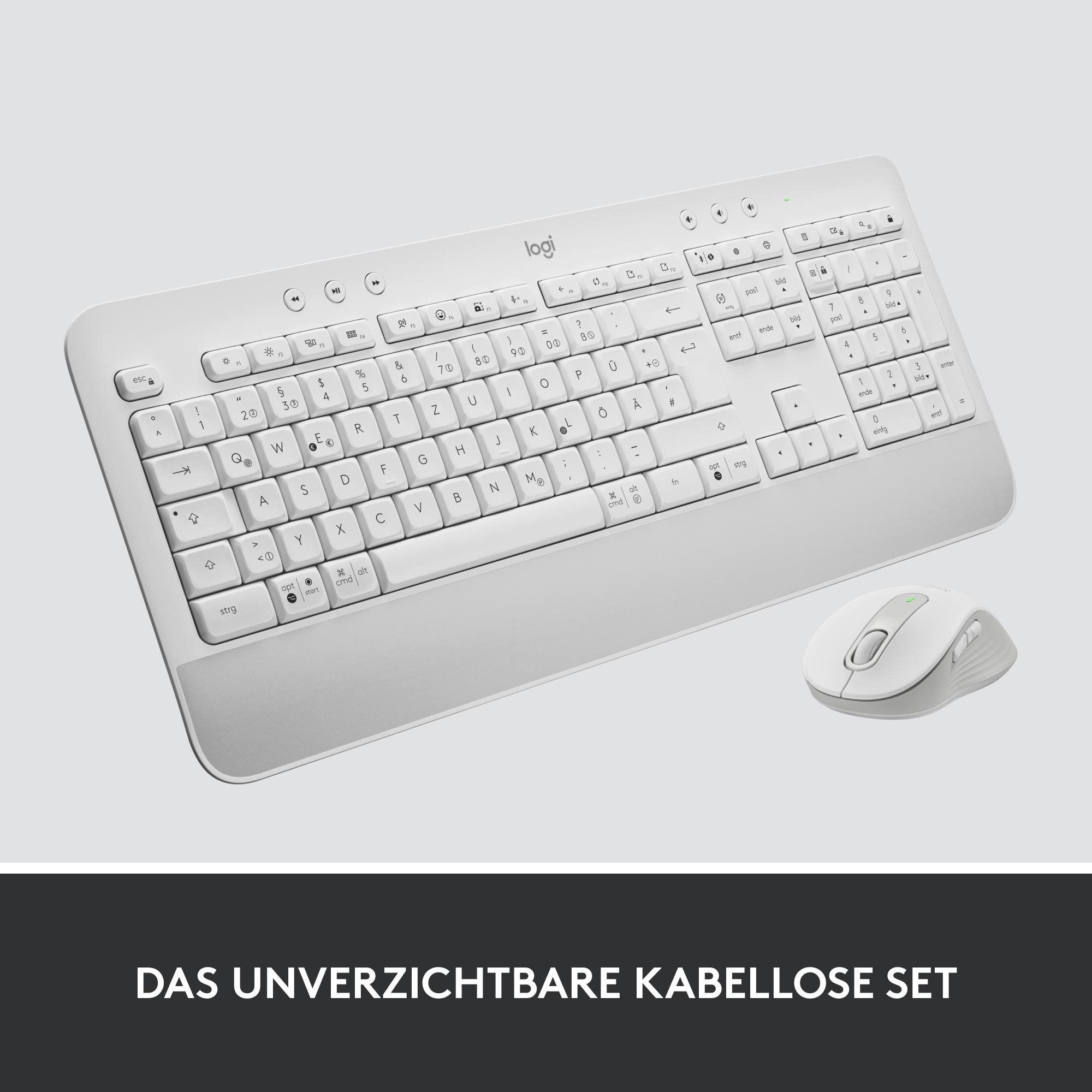 Weißes Logitech-Tastatur- und Maus-Set. Die Tastatur hat Standardtasten. Die Maus befindet sich rechts.