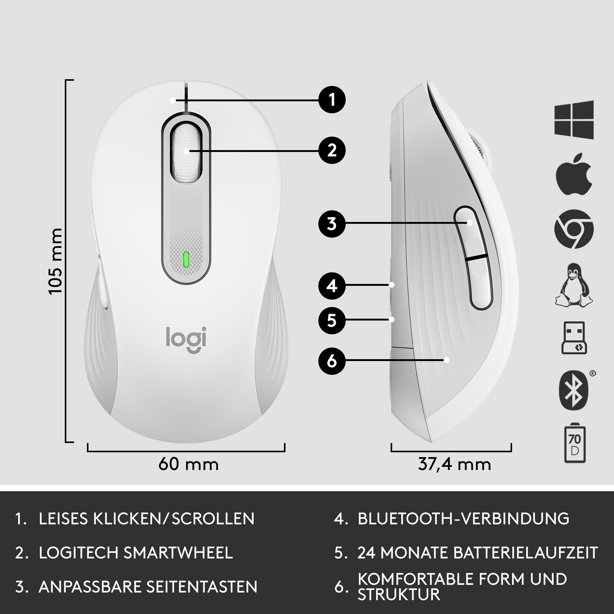Weiße Logitech-Maus mit Maßen. Merkmale sind leises Klicken, Smartwheel, Bluetooth und 24 Monate Akkulaufzeit.