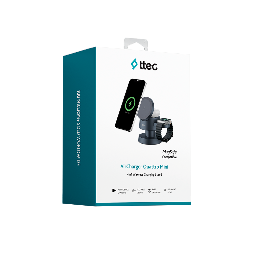 Şarj standı, telefon ve saat içeren beyaz bir kutu. Kutuda ttec logosu ve ürün adı bulunmaktadır.