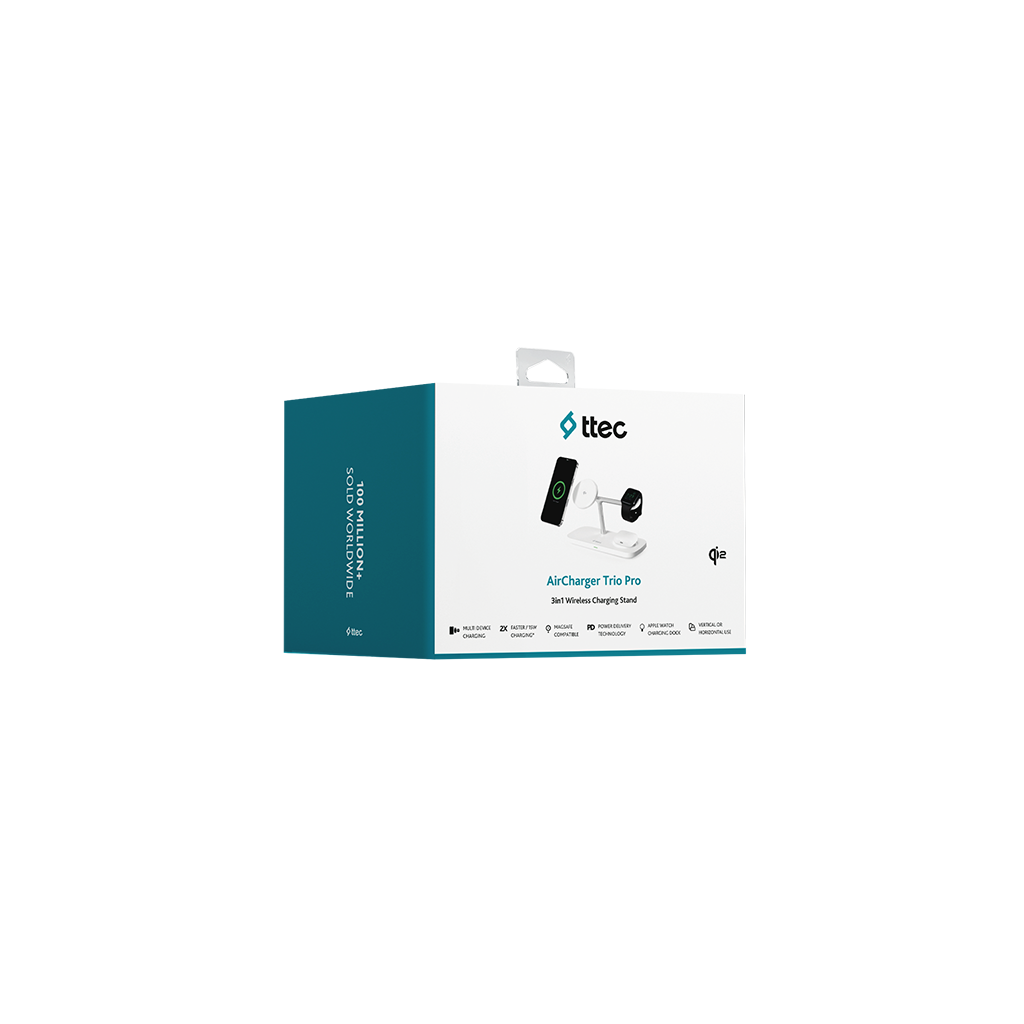 Kablosuz şarj cihazı kutusu. Ürünü telefon, saat ve şarj standı ile gösteriyor. Kutuda AirCharger Trio Pro yazıyor.