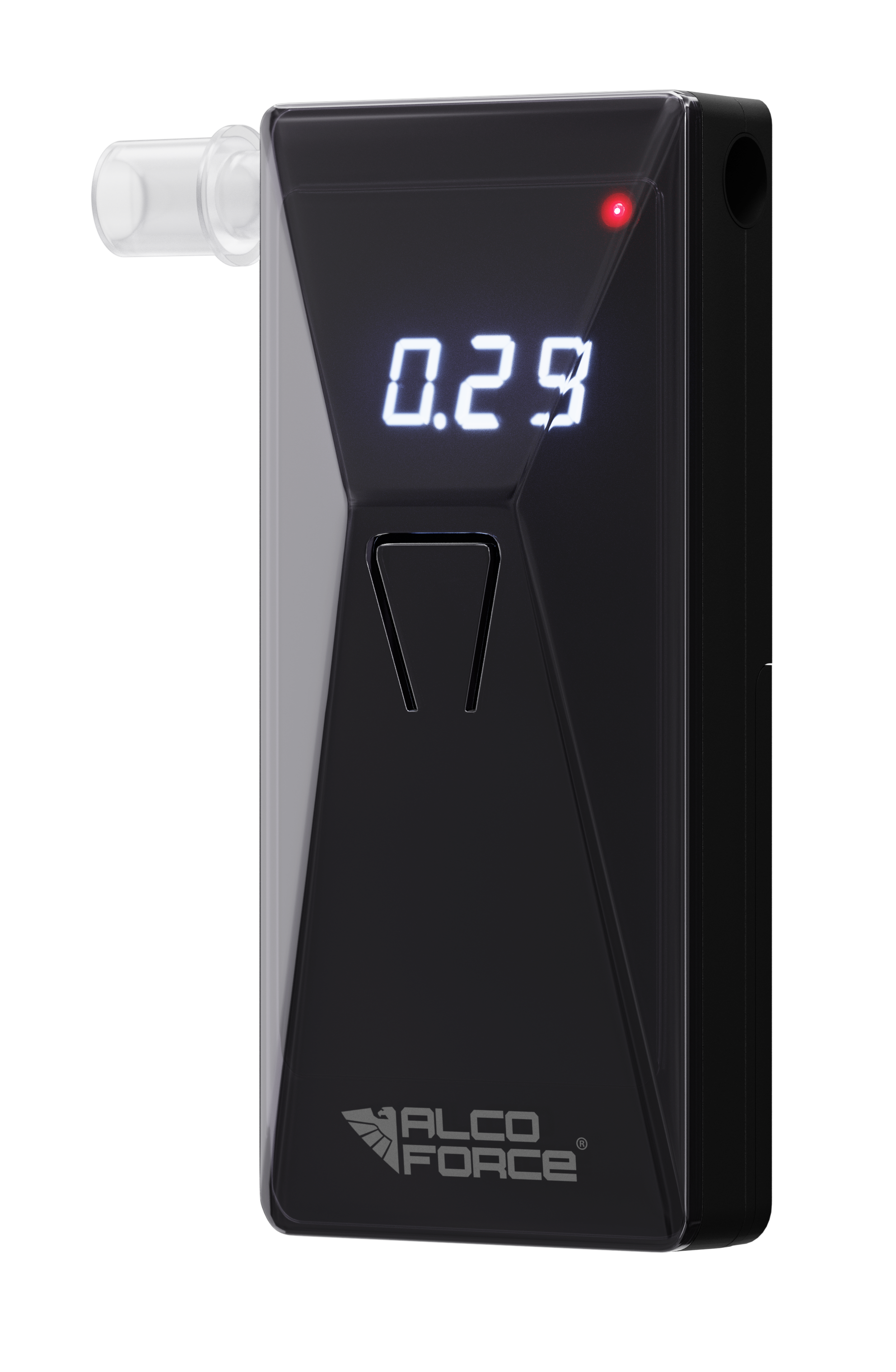 Czarny alkomat z cyfrowym wyświetlaczem pokazującym 0,29. Ma przezroczysty ustnik i czerwone światło. Marka to ALCO FORCE.