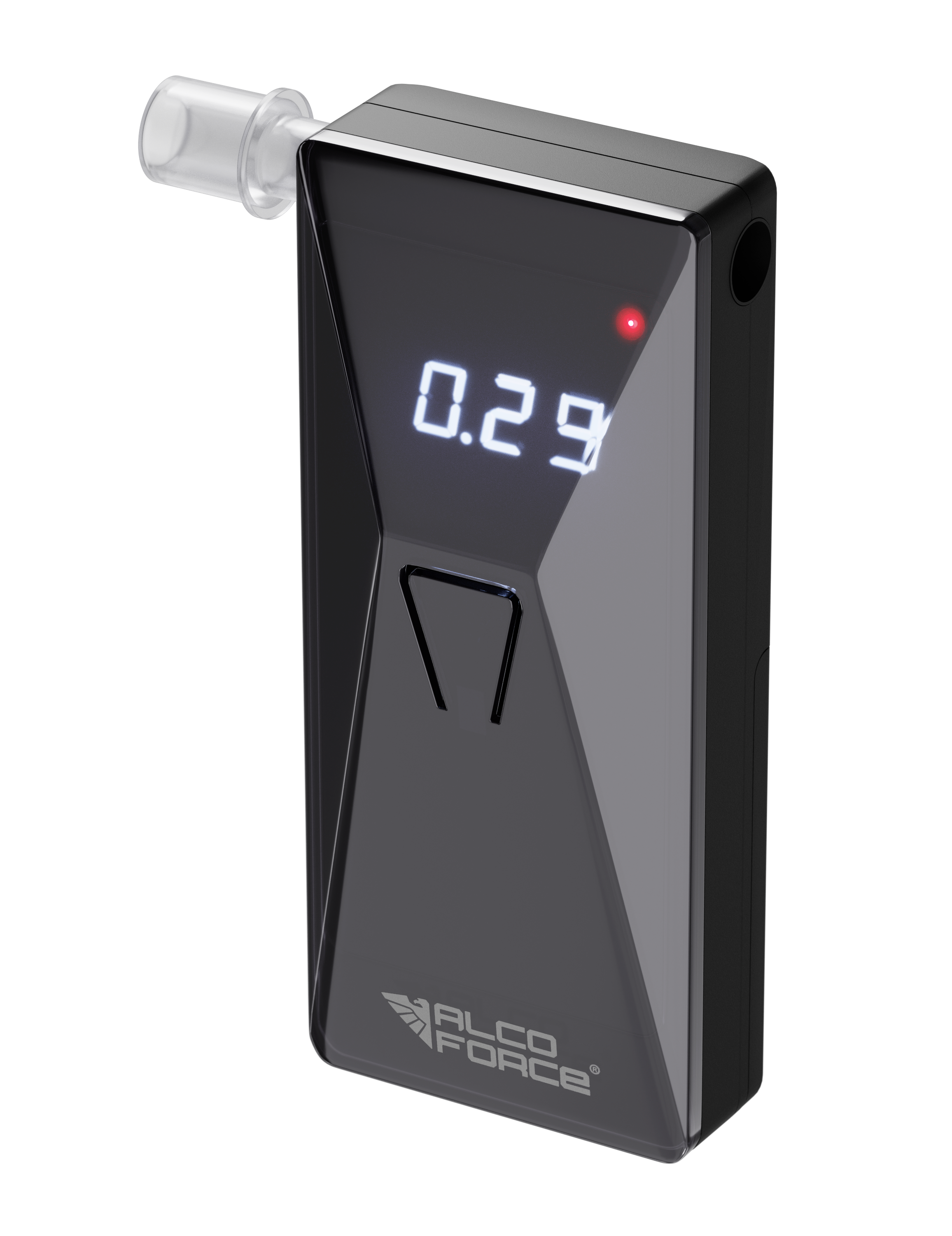 Czarny alkomat wyświetla 0,29. Ma przezroczysty ustnik i czerwone światło. Tło jest czarne.