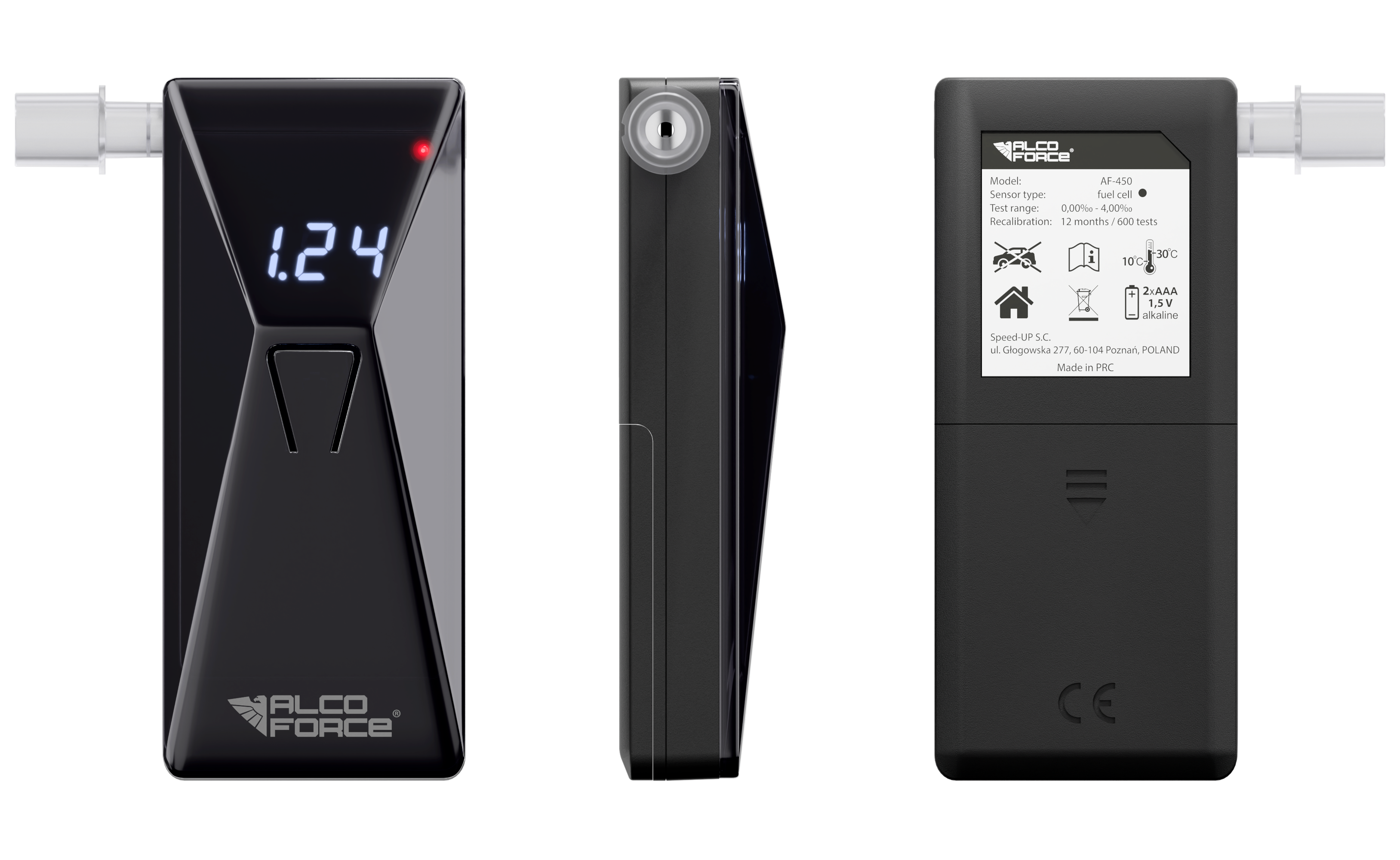 Czarny alkomat z cyfrowym wyświetlaczem 1.24. Urządzenie ma logo ALCO FORCE i specyfikacje.