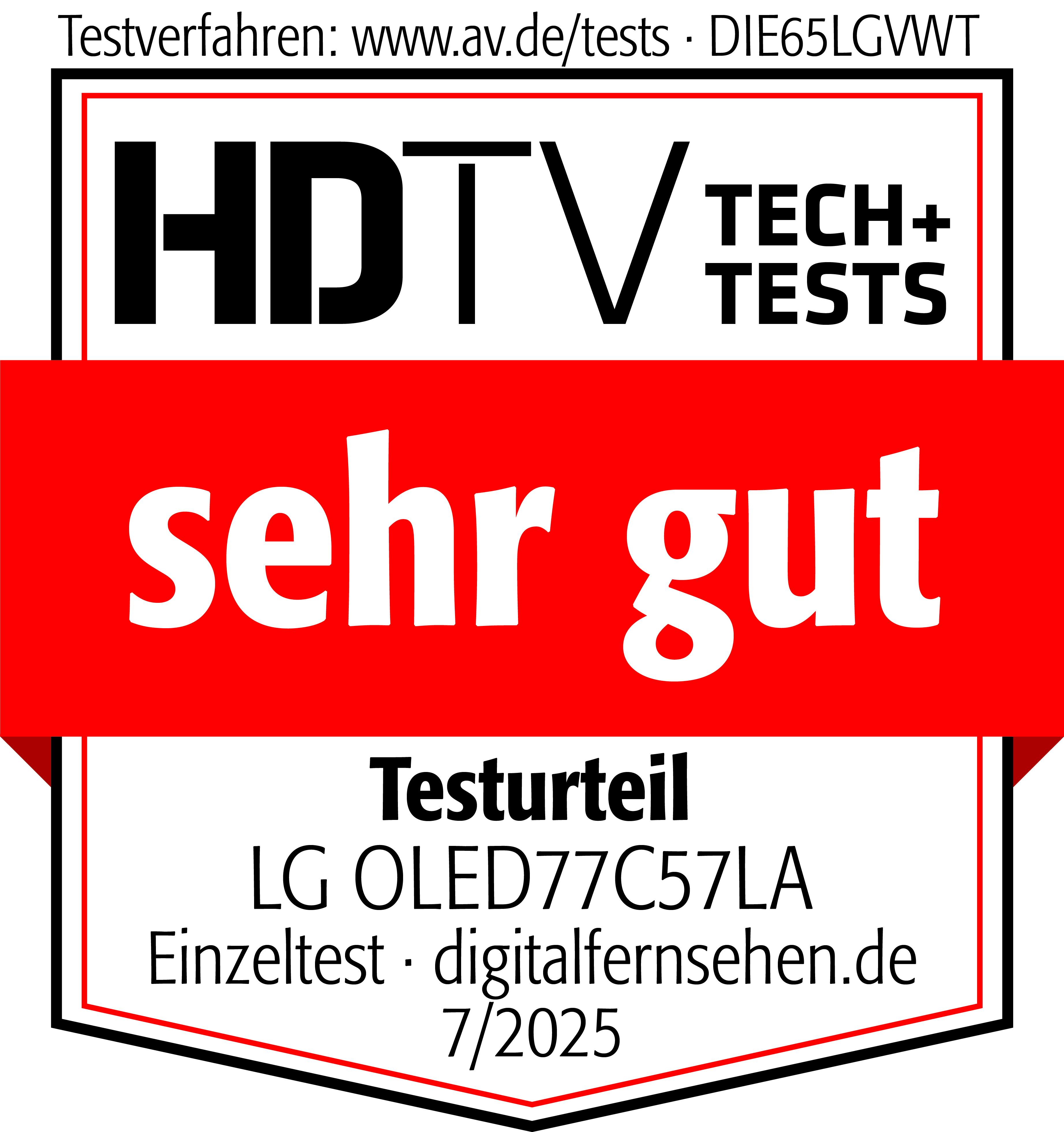 Bild mit Text 'HDTV TECH+ TESTS' und 'sehr gut' auf rotem Banner. Darunter 'Testurteil LG OLED77C57LA'.