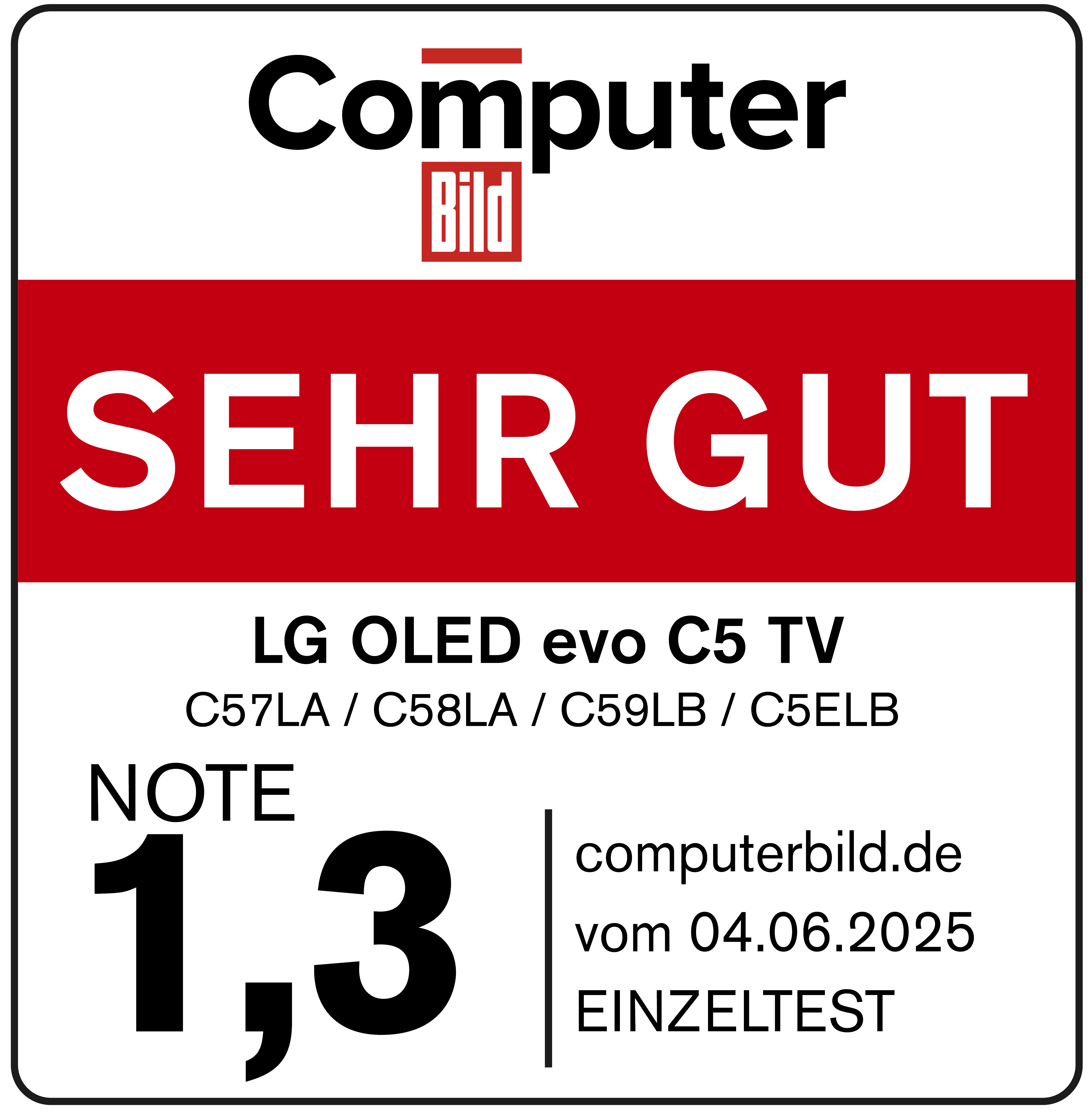 Computer Bild Bewertung, SEHR GUT, LG OLED evo C5 TV, Note 1,3. Modellnummern enthalten. Website und Datum der Veröffentlichung.