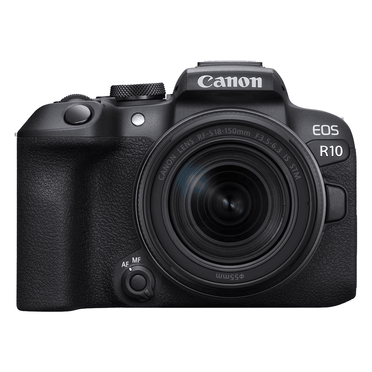 Una cámara Canon EOS R10 negra con una lente y el logotipo de Canon. La lente es el foco principal de la imagen.