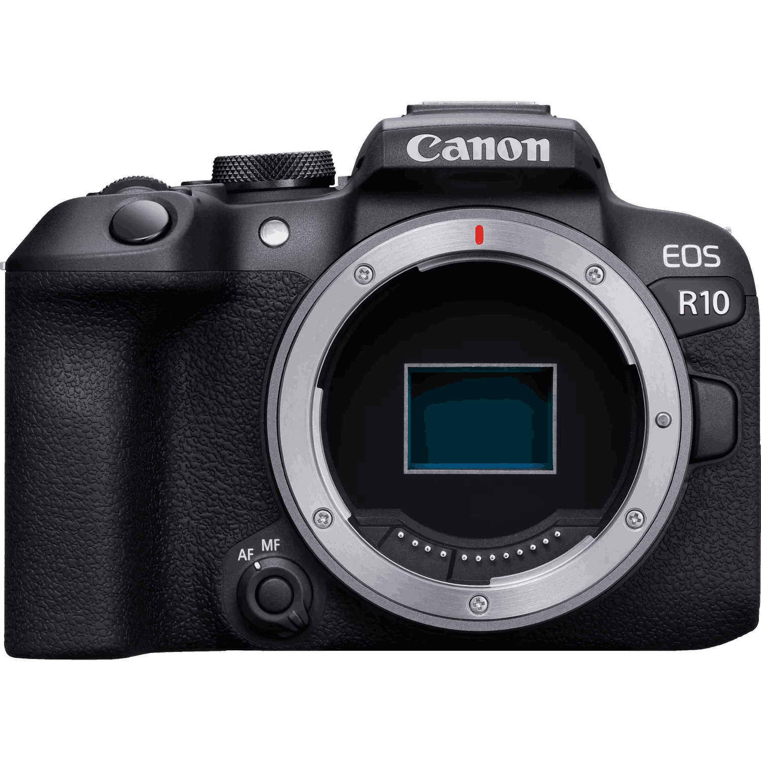 Una cámara Canon EOS R10 negra con montura de lente. El logotipo de Canon es visible. El fondo es negro.