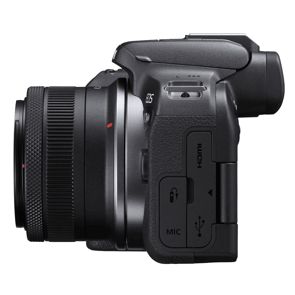 Una cámara Canon EOS negra se muestra de perfil. El objetivo está a la izquierda, con el cuerpo a la derecha. El fondo es negro.