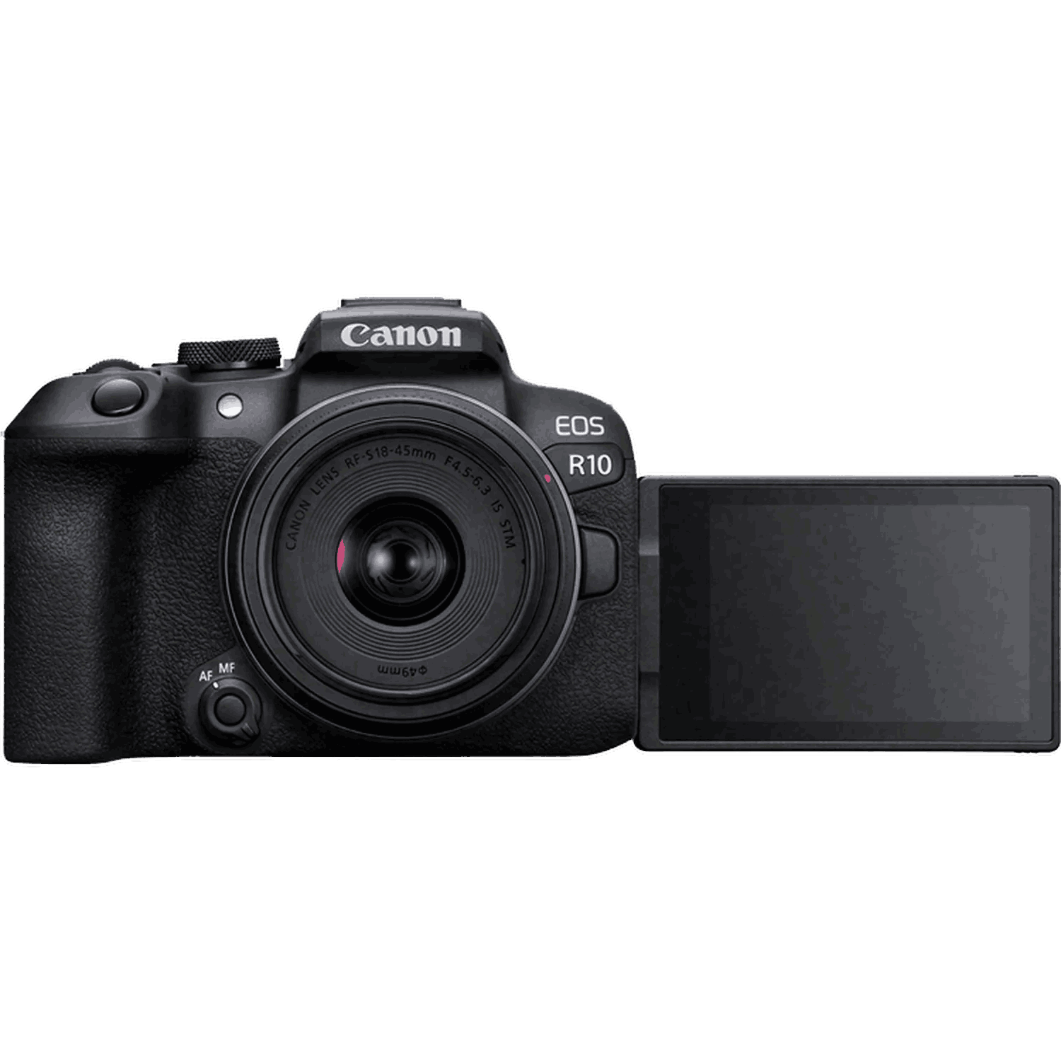 Una cámara Canon EOS R10 negra con pantalla abierta. El objetivo está centrado y el logotipo de Canon es visible.