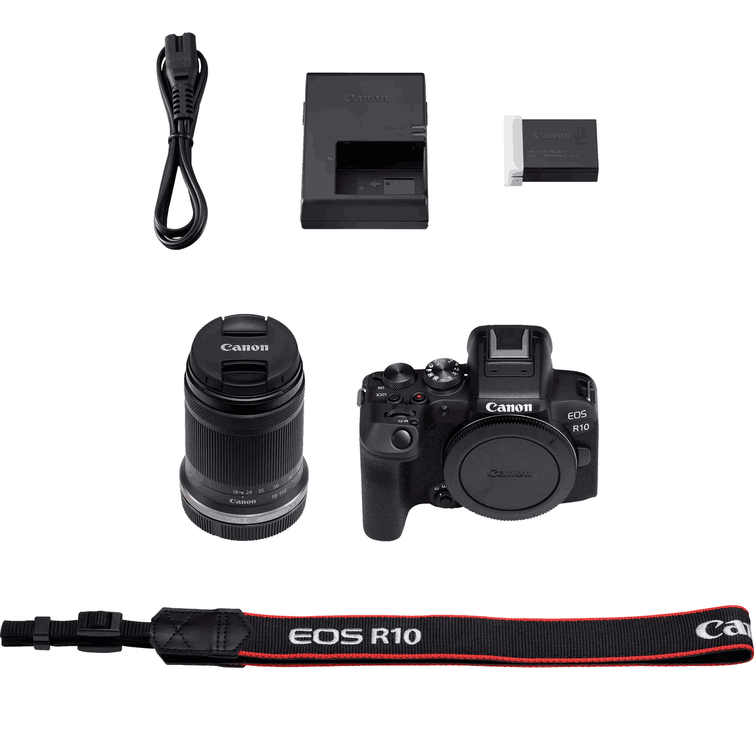 Un kit de cámara Canon, que incluye cámara, lente, cargador, batería y correa, todo sobre una superficie negra.
