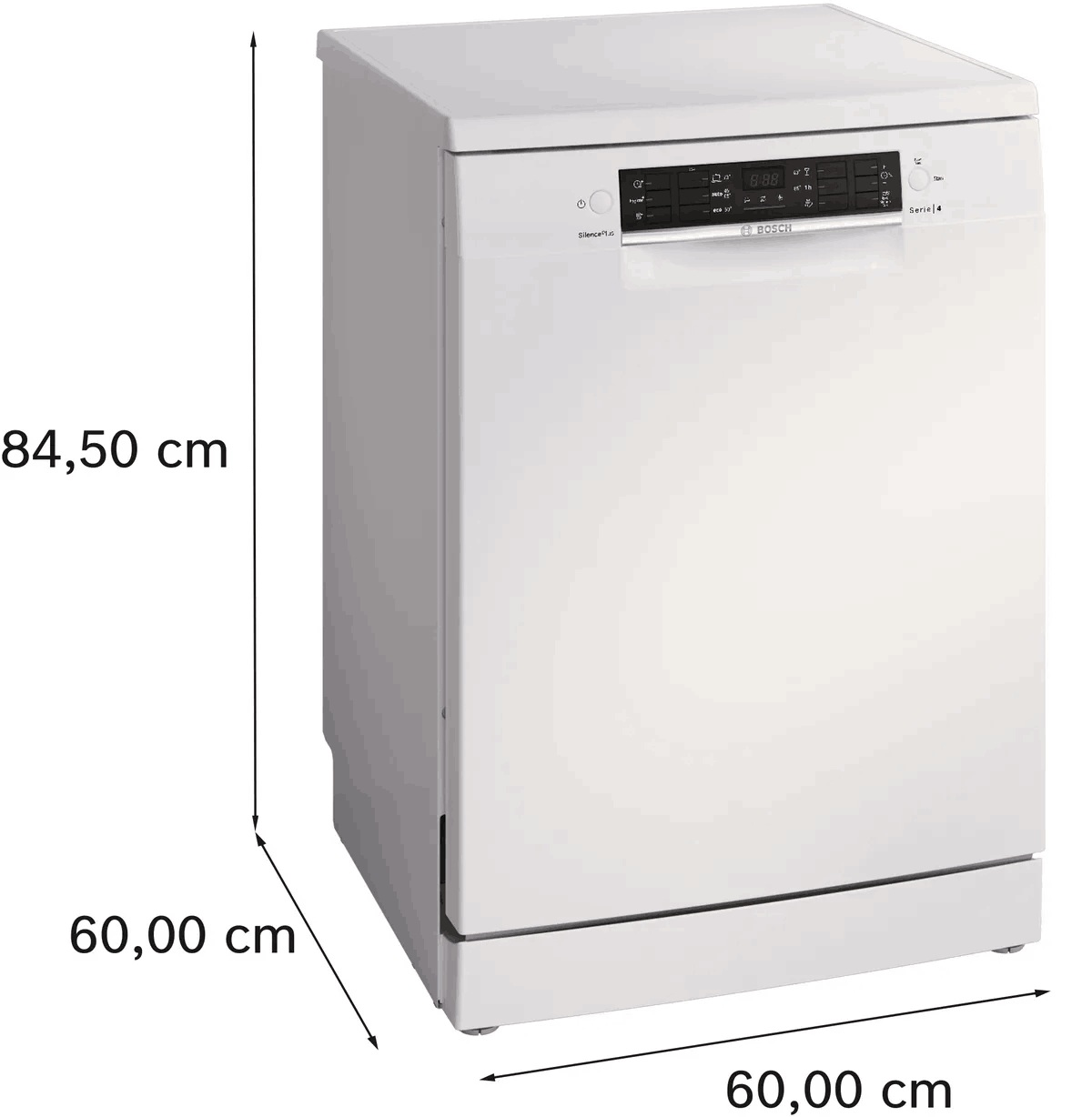 Un lavavajillas blanco Bosch Serie 4. Dimensiones: 84,50 cm de alto, 60,00 cm de ancho y 60,00 cm de profundidad. Tiene un panel de control arriba.